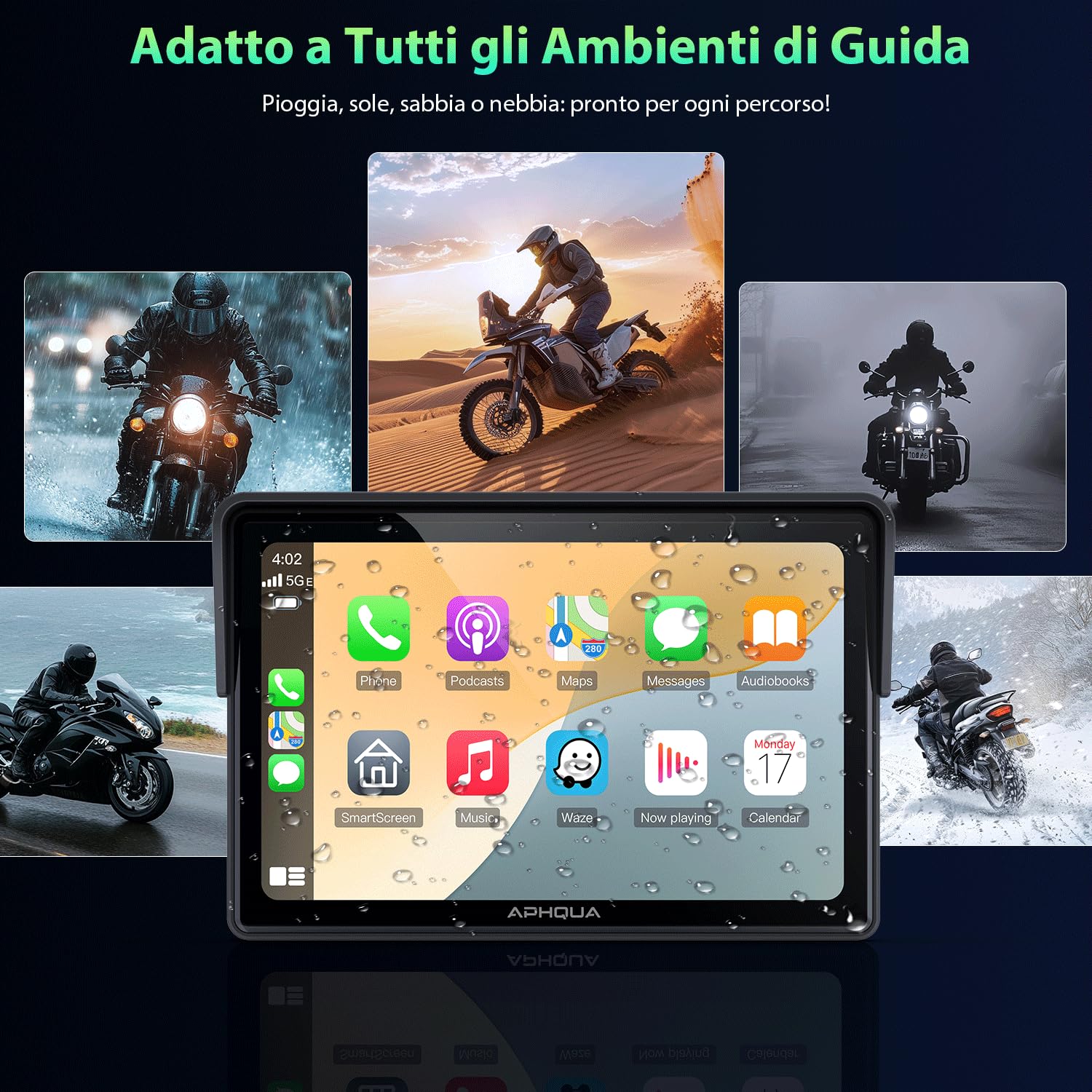 Schermo Moto 5" CarPlay e Android Auto Senza Fili – Touchscreen impermeabile IP67 per moto con Navigation GPS, Bluetooth Trans, Siri, Vivavoce - Modello A522