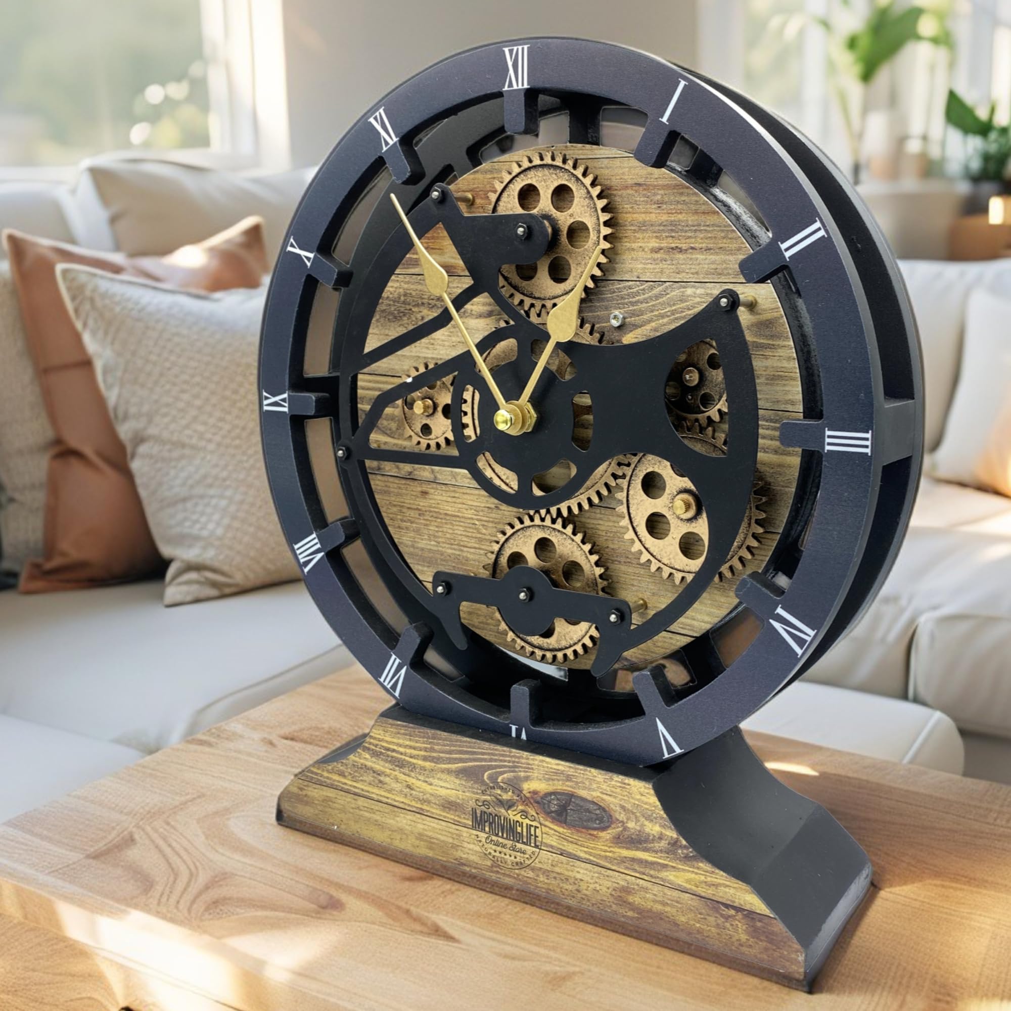 Tischuhr 25,4 cm mit echten beweglichen Zahnrädern umwandelbar in Wanduhr (Gold Antik)