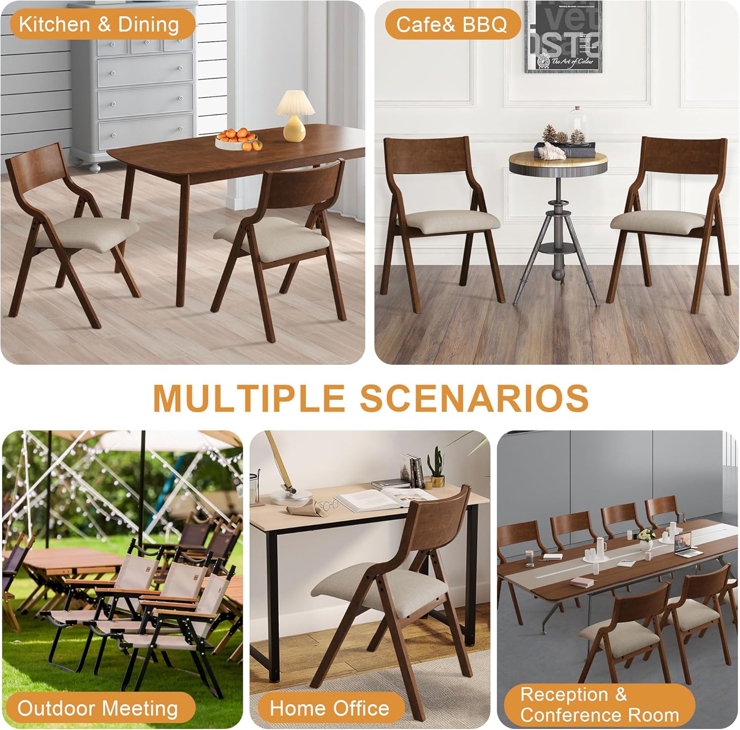 Ball & Cast Upholstered Folding Chairs Set of 2,with Padded Seat,Wooden Portable Dining Chairs W/Ergonomically Designed Back and Cushion,Easy Carry,No Need to Install,for Kitchen,Office,Walnut