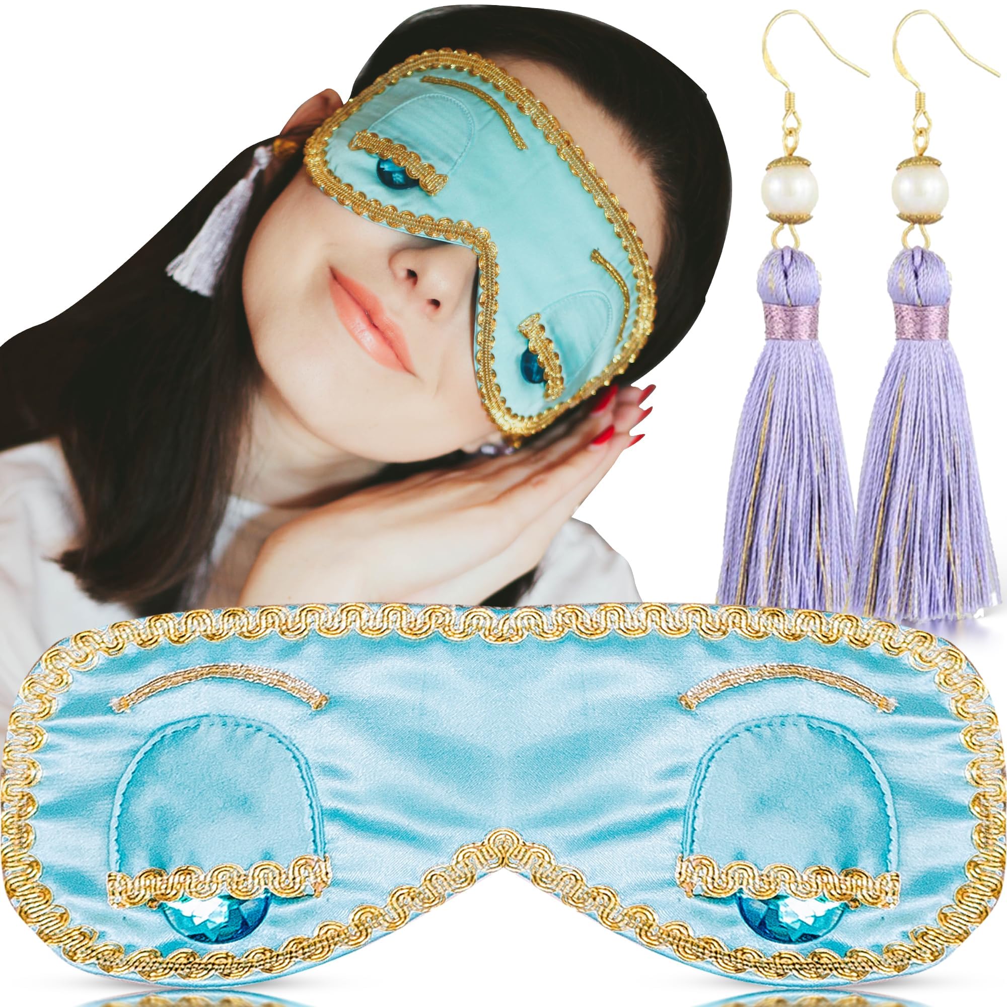 Utopiat Audrey Hepburn Style Silk Sleep Mask & Dangle Earrings with Tassel Set for Women | Cute Eye Mask and Earrings Sleeping Beauty Set Costume Accessory