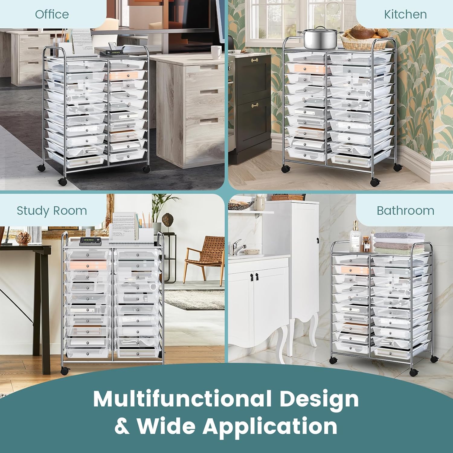 Clear 20-Drawer Rolling Organizer Cart with Chrome Frame