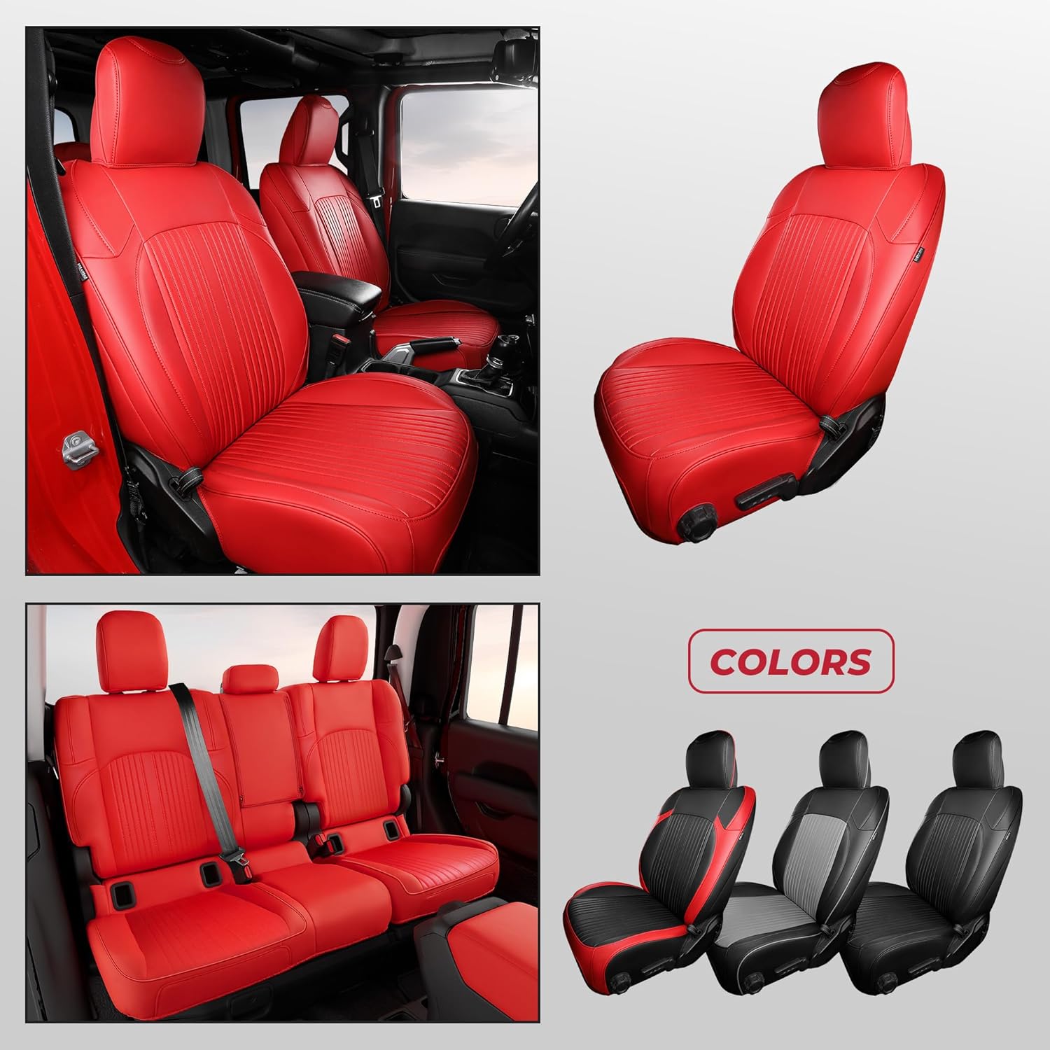 FREESOO for Jeep Gladiator Seat Covers 2020 2021 2022 2023 2024 2025 2026 Full Set, W/NO Rear Cup Holder, Custom Fit for Gladiator JT 2020-2024 2025 2026, Waterproof Faux Leather Red