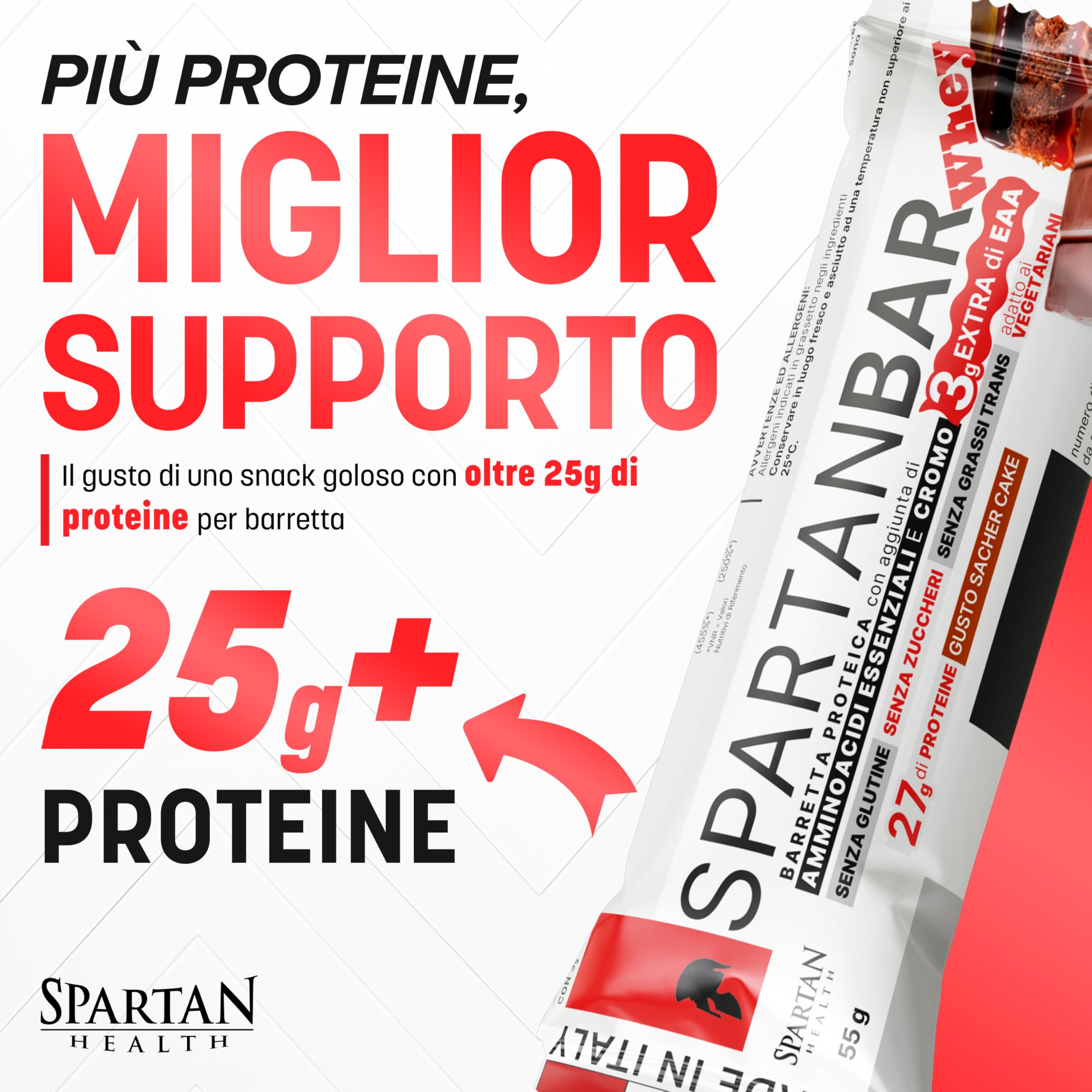 Spartan Health – Barrette con 27g di Proteine Isolate, 3g di EAA, 100mcg di cromo picolinato – Barrette Proteiche Senza Zuccheri Aggiunti e Glutine – Box 12x55g (Torta Sacher)