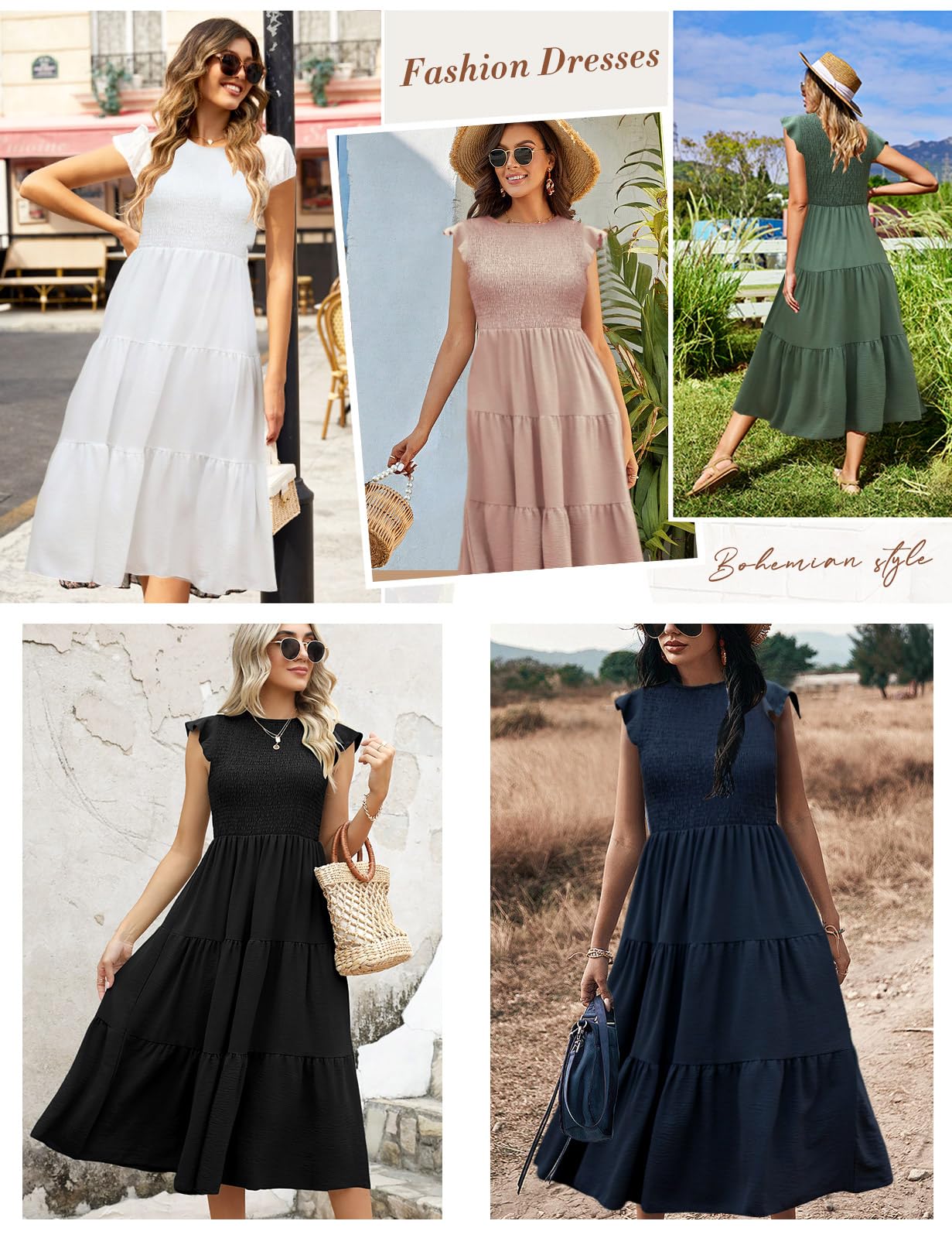 CMTOP Sommerkleid Damen Lang Kleider Sommer Casual Flatterärmel Strandkleid Rüschen Gerüschte Maxikleid Rundhals Elastische Taille Sommerkleider Knielang Gestuftes A Linien Kleid
