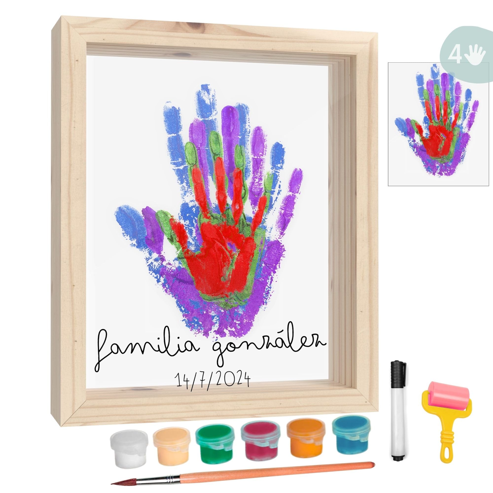 HuBorns - Set Marco de Huellas Bebe Recien Nacido y Toda la Familia con Espacio para 4 Huellas, Cuadro para Pintar la Huella Bebe Pie y Manos (Madera)