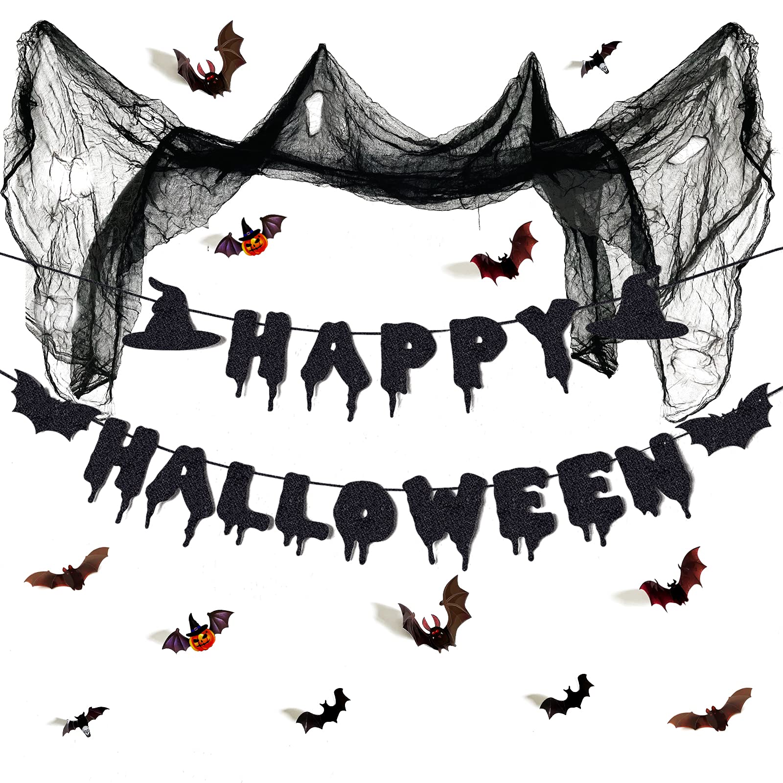 Festiko® Happy Halloween Banner Black Glitter (1 Pc), Spooky Decor, Creepy Decorations, Haunted House Decor