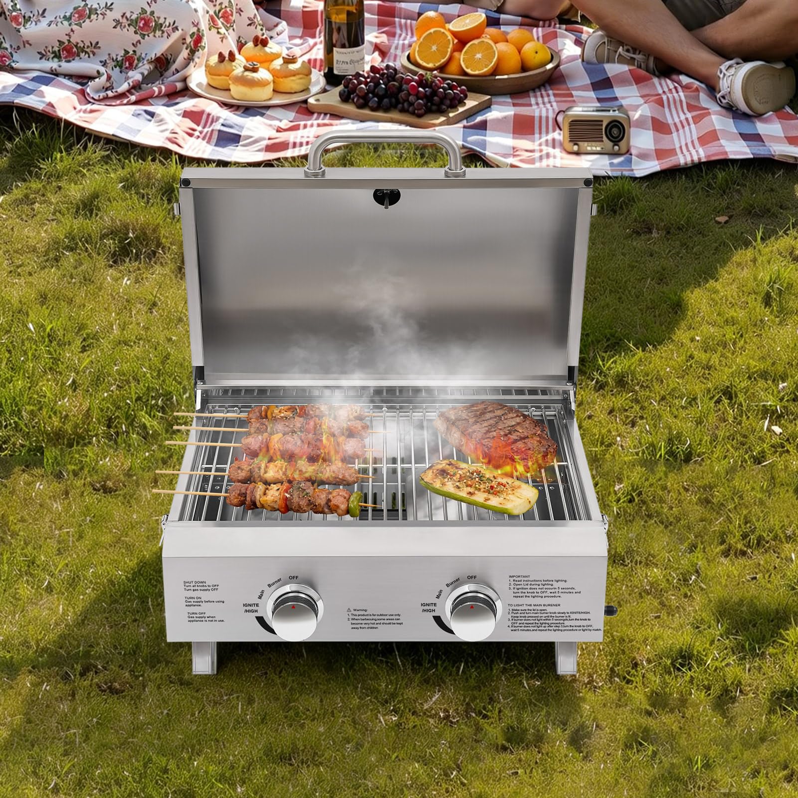 Barbecue a gas in acciaio inox, 2 fuochi, pieghevole, per esterni, portatile, con raccordo e pietra per pizza, metodo di accensione piezoelettrica, per tutti gli esterni, 55,8 x 45 x 38 cm