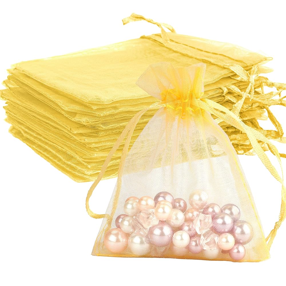 Gold Organza Bags - 50 Pcs, Sheer 4 x 6 Inch Jewelry & Party Favor Bags with Drawstring, Mesh Gift Pouches for Wedding, Valentine\'s Day Party
