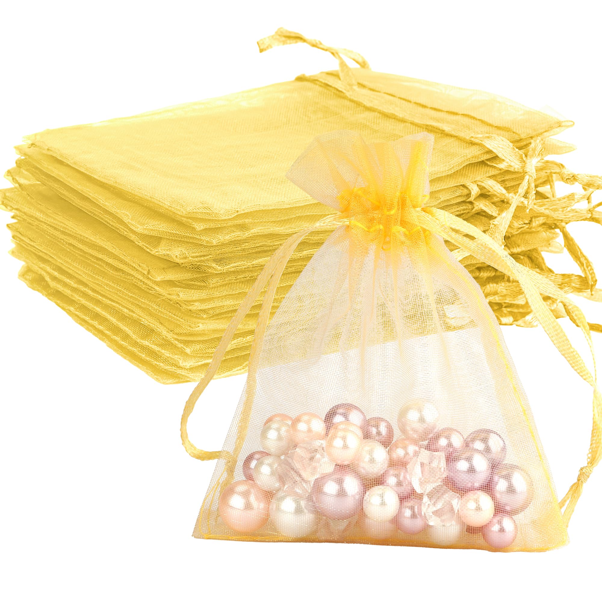Gold Organza Bags - 50 Pcs, Sheer 4 x 6 Inch Jewelry &amp; Party Favor Bags with Drawstring, Mesh Gift Pouches for Wedding, Valentine's Day Party