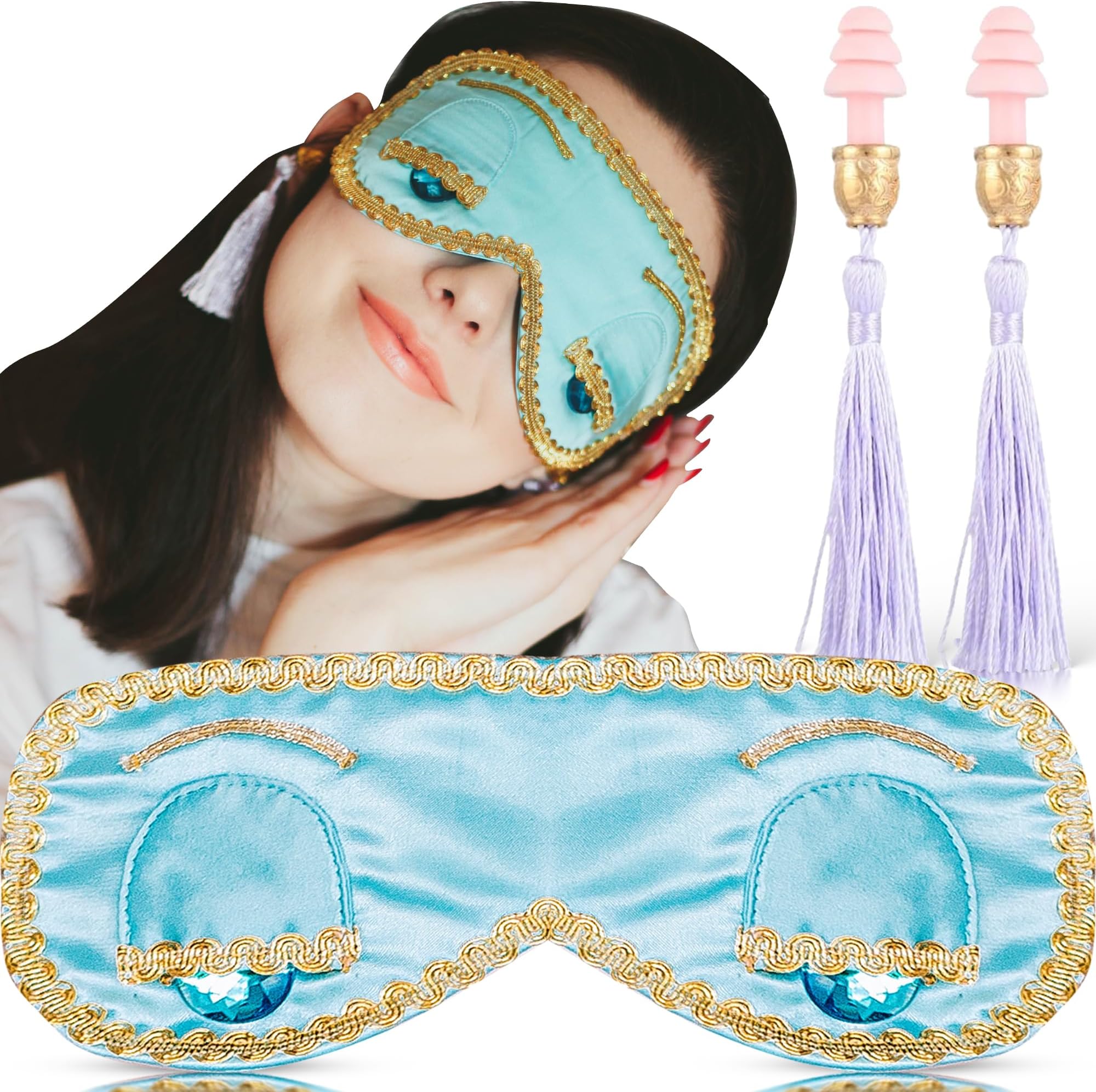 Audrey Hepburn Style Silk Sleep Mask & Ear Plugs with Tassel Set for Women | Cute Eye Mask Earplugs Sleeping Beauty Set Costume Accessory