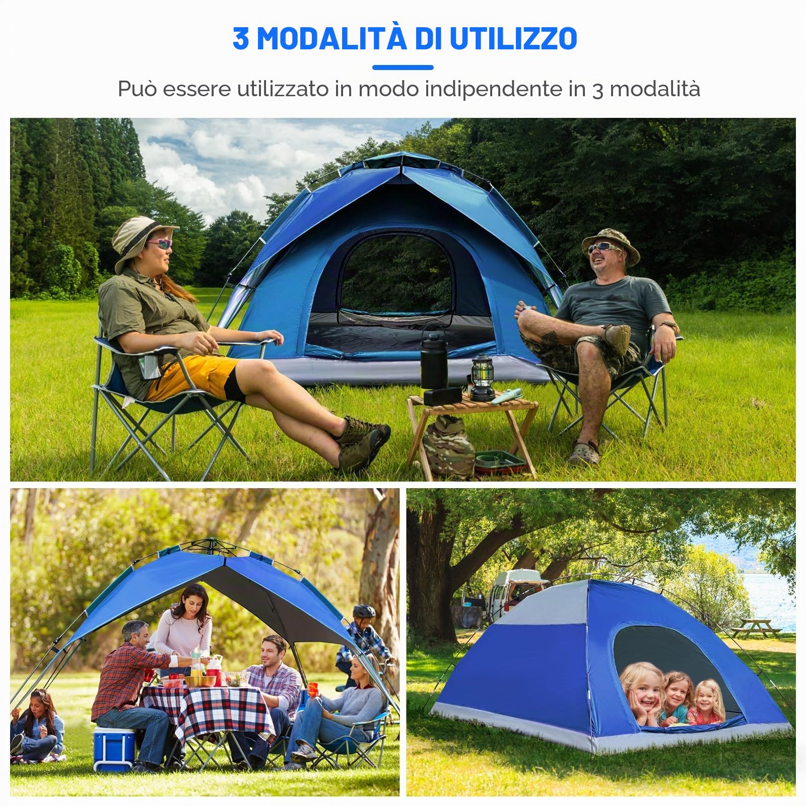 3 in1 Tenda da Campeggio 2/4/6 Posti,Tenda Pop UpTenda 3 Persone Famiglia Tenda a Cupola Impermeabile Antivento,Set up facile in 60 secondi