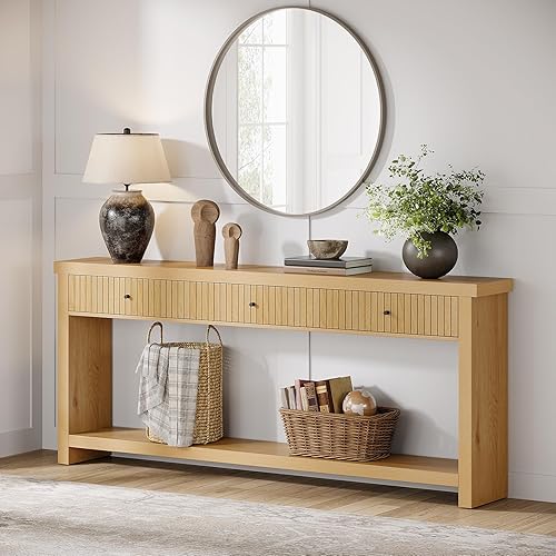 Miniatura 8 de Tribesigns Mesa consola de 70.9 pulgadas con 3 cajones, mesa de entrada extra larga, mesa de sofá de madera de roble con estantes de almacenamiento
