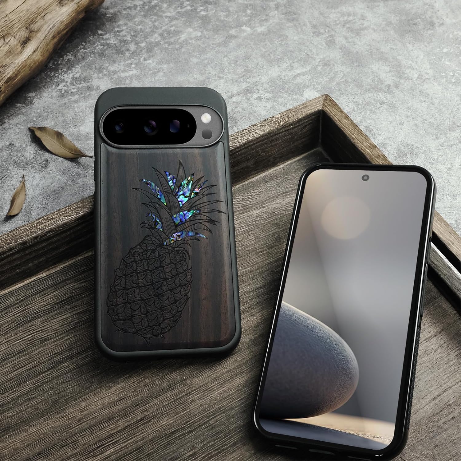 Carveit Magnetic Wooden Case for Pixel 10 / Pixel 10 Pro Case, Wood Artisan Engraved & Handmade Shell Inlaid, Compatible with MagSafe Wireless Chargers, Pineapple - Blackwood