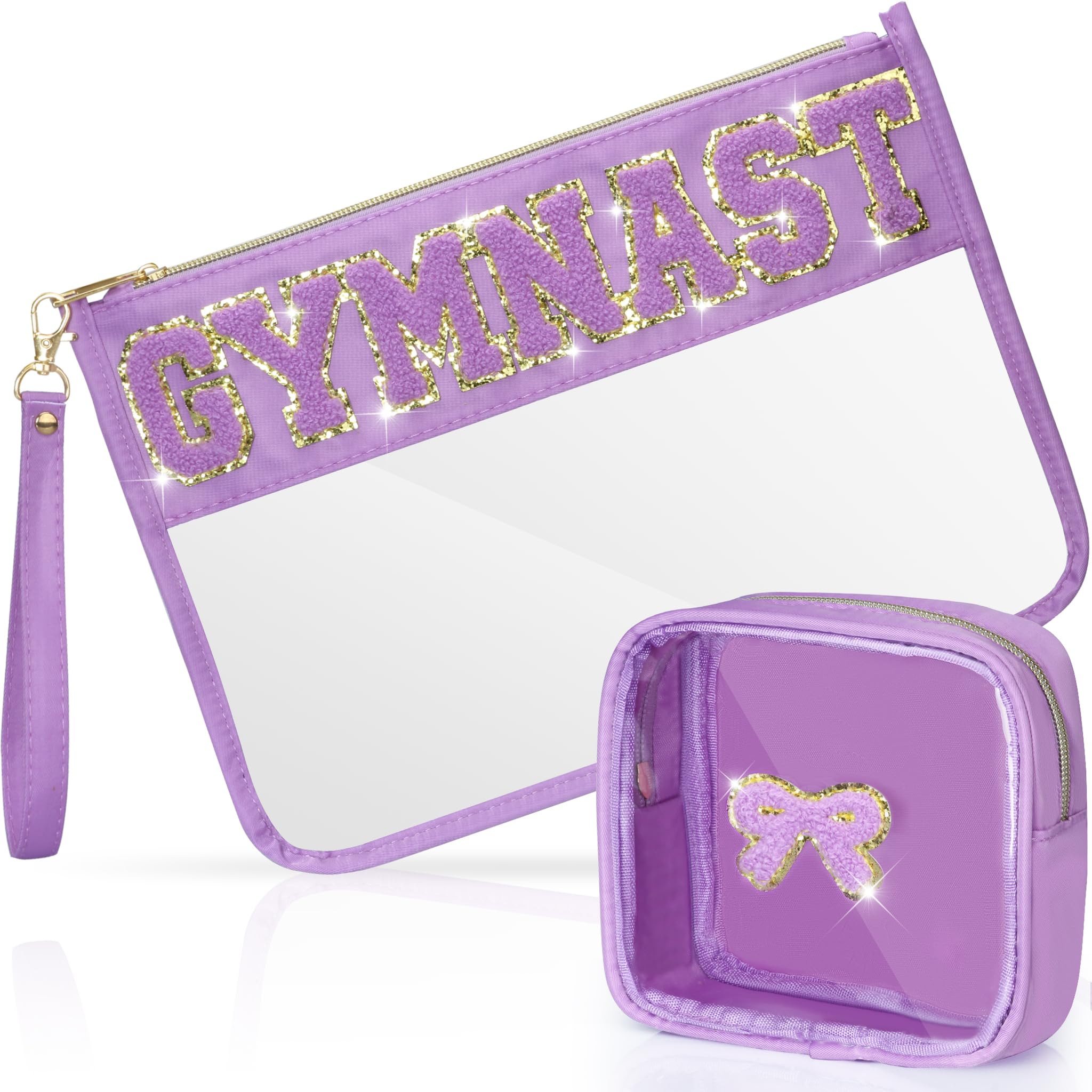 2 Pcs Gymnastics Gifts Cosmetic Makeup Bag with Chenille Letter Patch, Clear Pouch PVC Organizer Purse, Waterproof Travel Bag, Portable Toiletry Storage Bag for Her Girls Friends Women