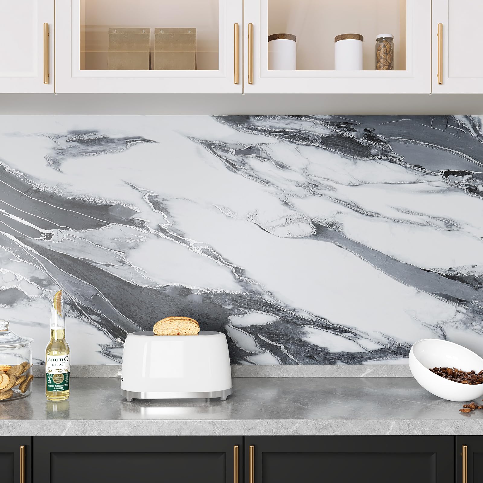 VEELIKE Papel de contacto de mármol líquido blanco y negro de 354 x 32 pulgadas de ancho, para encimeras de despegar y pegar, papel tapiz impermeable para cocina, baño, cubierta de encimera, papel