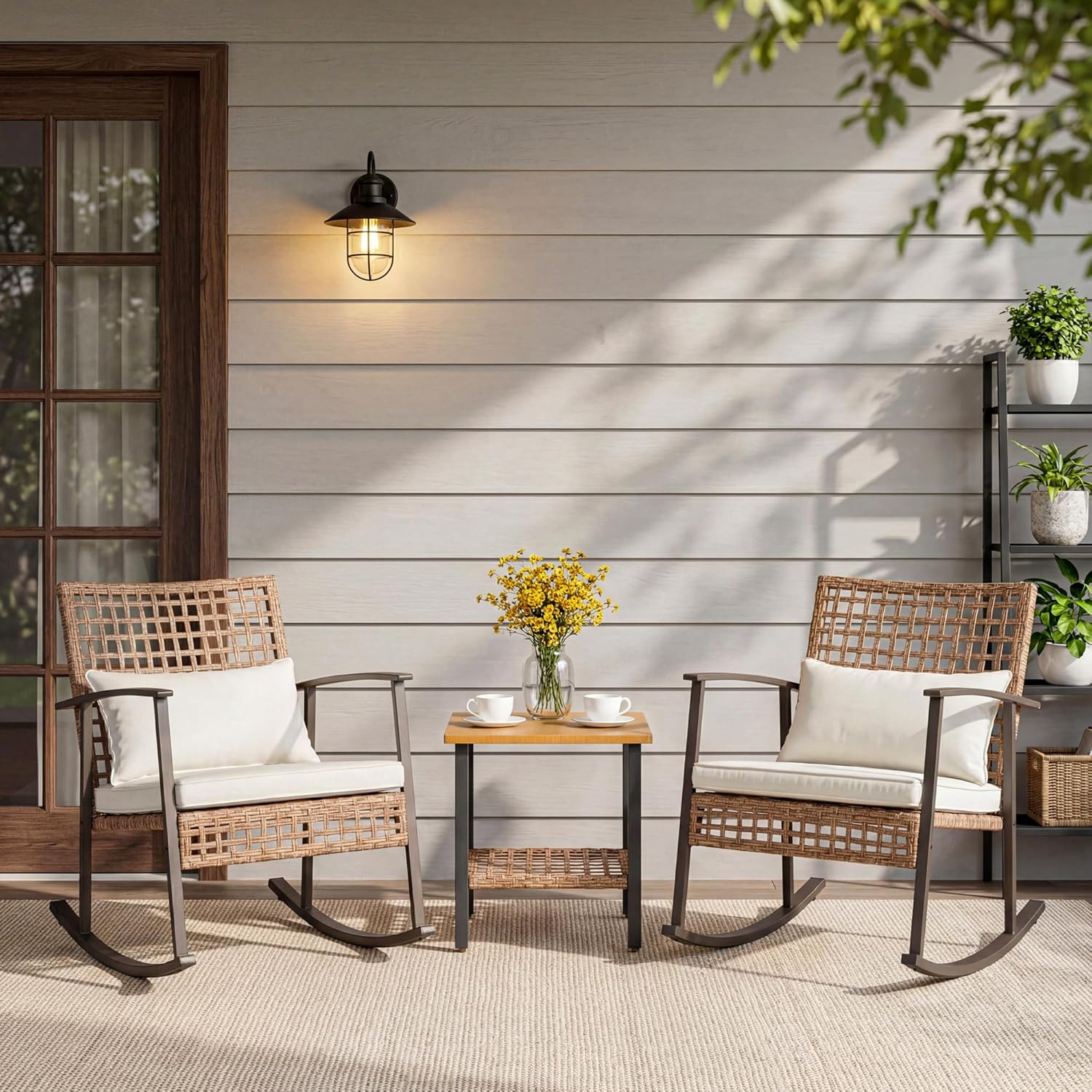 LAUSAINT HOME 3 Pieces Rocking Patio Bistro Set, Wicker Outdoor Conversation Set with Cushions and Coffee Table for Backyard, Poolside, Porch, Balcony