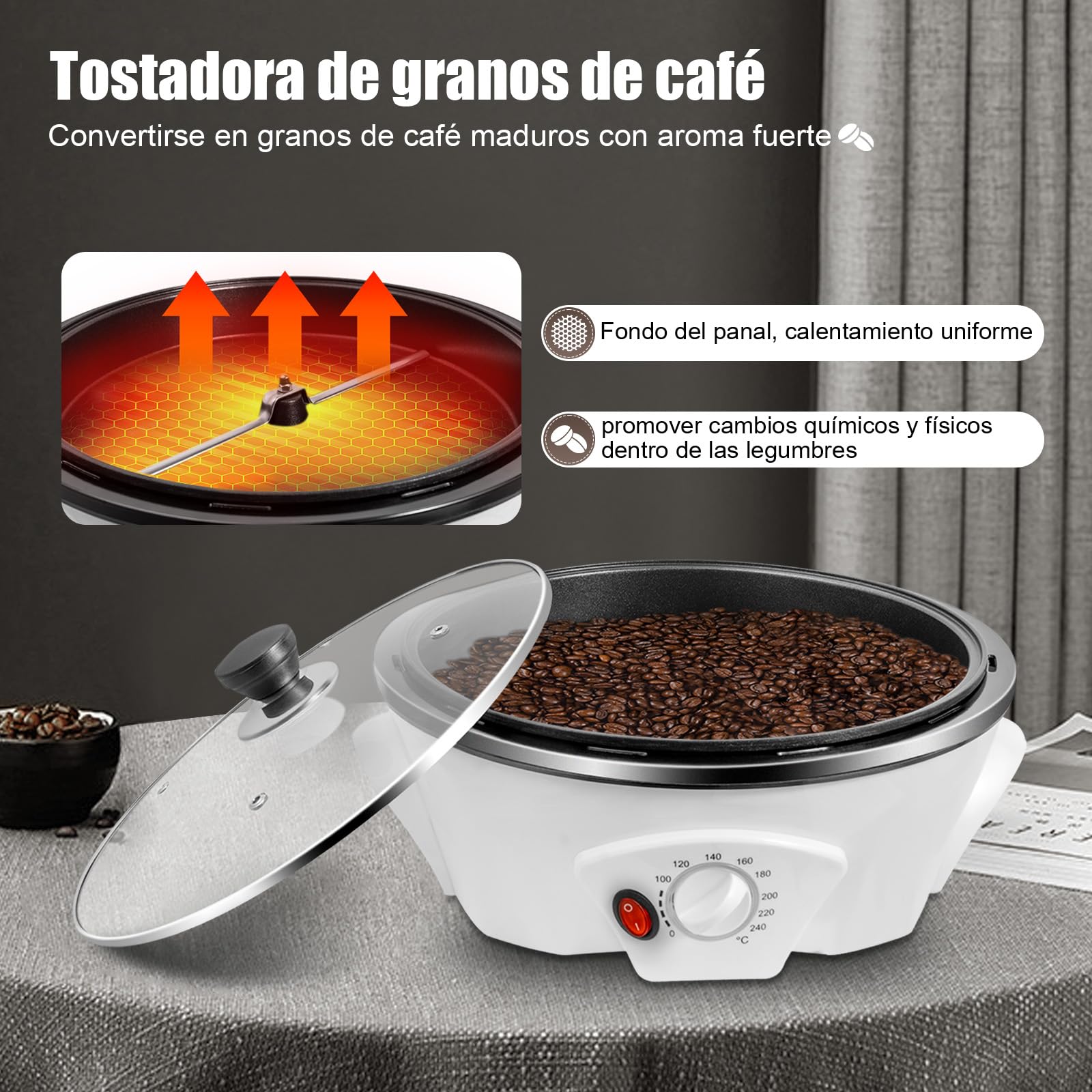 Tostador De Café 1200w Con Temperado Regulable Para Asar Granos De Café Cacahuetes Semillas De Melón Adecuado Para Principiantes Y Aficionados Del Café (Blanco)
