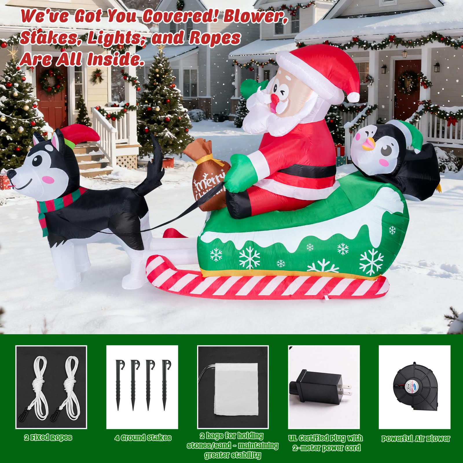 Meland Décoration de Noël gonflable, Père Noël sur le traîneau avec chien avec lumières intégrées