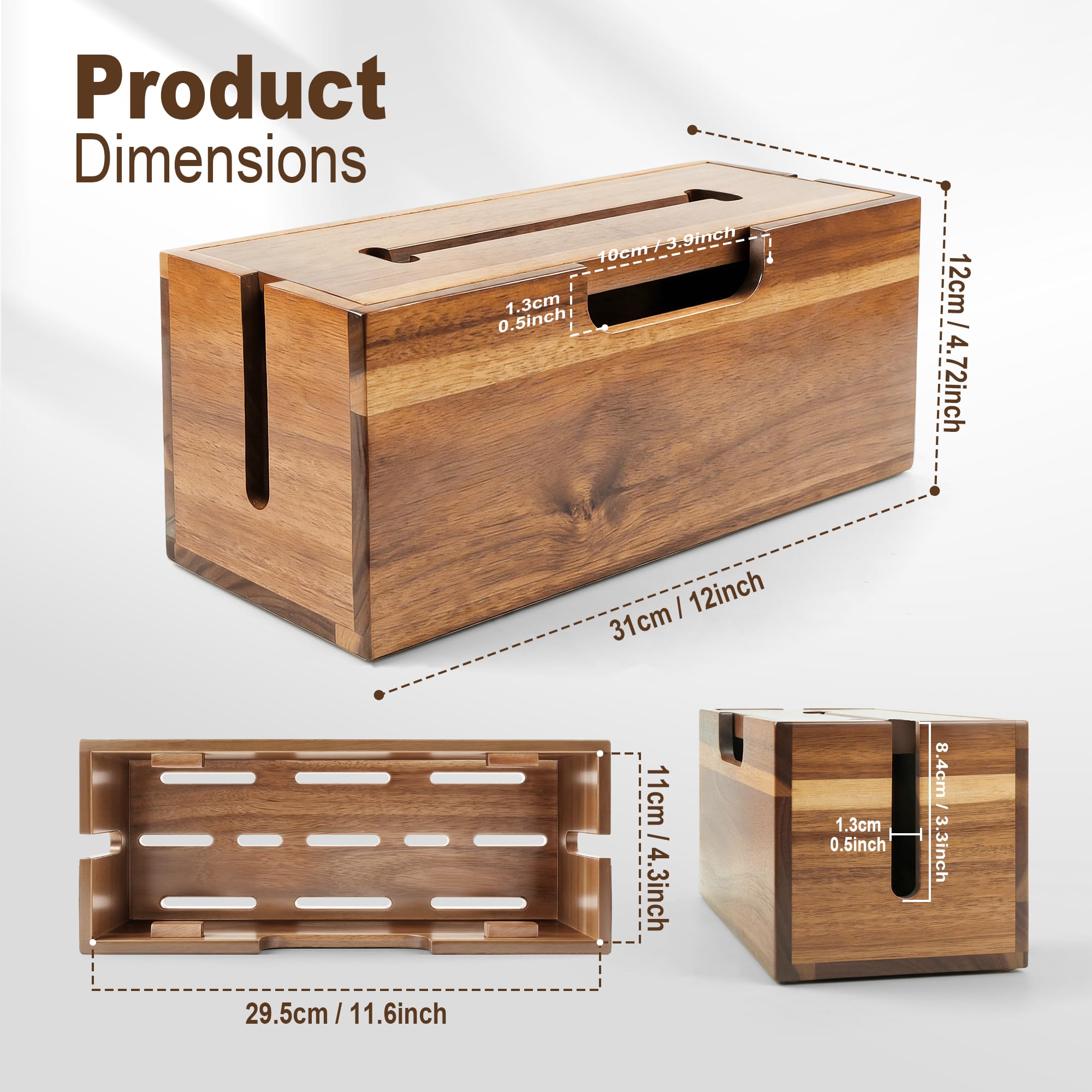 Akazien-Kabel-Management-Box, Kabelversteck-Organizer mit Telefonständer, 30,5 cm lange Kabelbox für Steckdosenleiste, TV-Kabel und Schreibtisch-Kabelaufbewahrung
