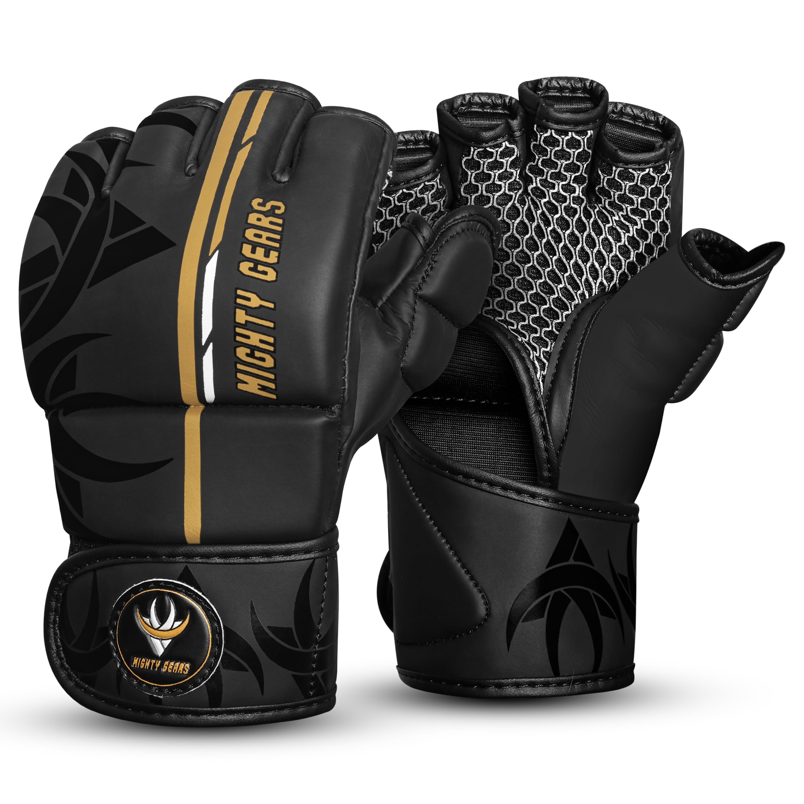 Mighty Gears Matte Black MMA Gloves Martial Arts Mitts Grappling Sparring Men Muay Thai Cage Fighting Boxing Combat Sports Women pink UFC Punching Bag Training (Golden, L)