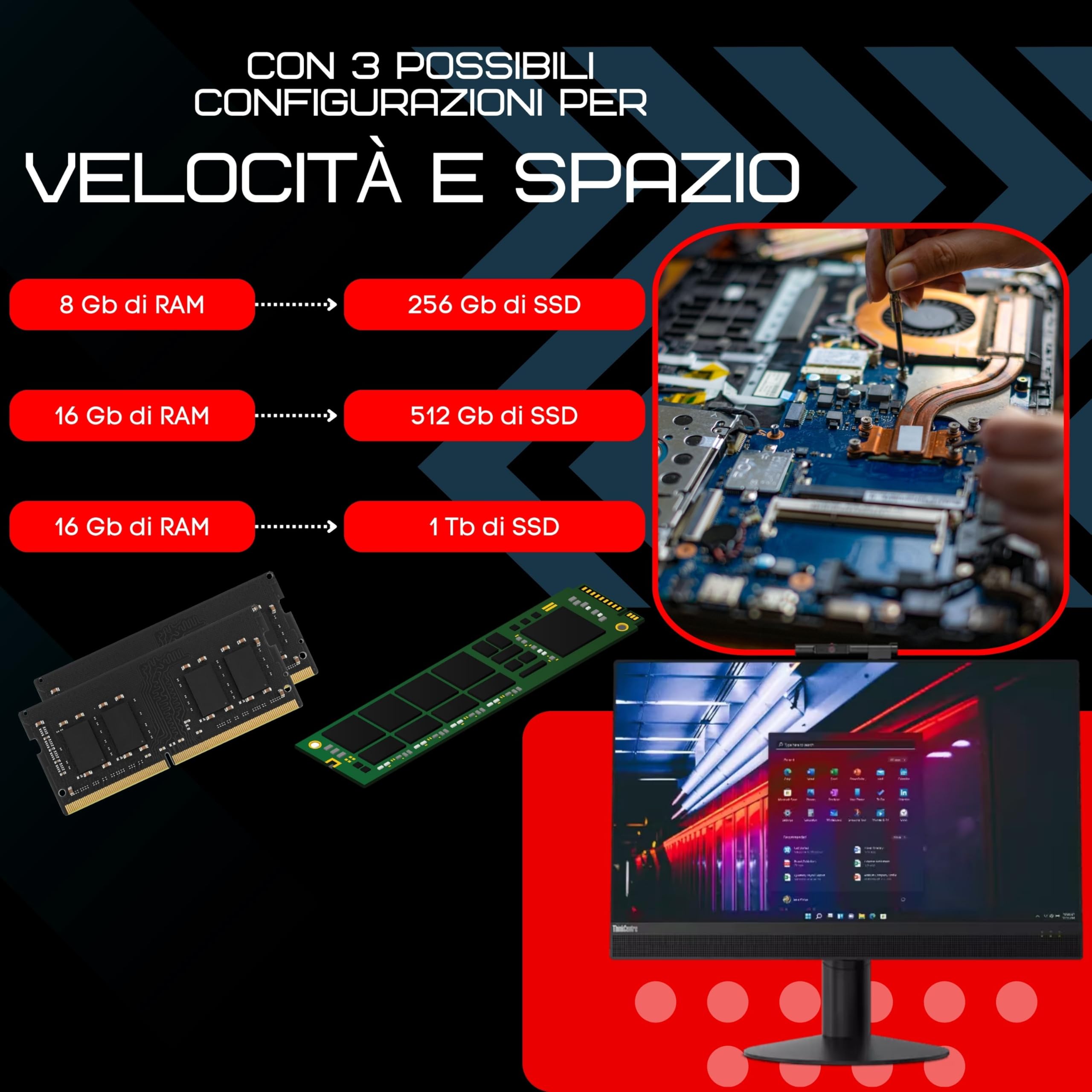 Lenovo PC fisso All-in-One, Display 24 "FHD, Intel i5-8500, 16GB RAM, SSD 512GB, Windows 11 Pro, Office 2021, WiFi, Bluetooth (Ricondizionato)