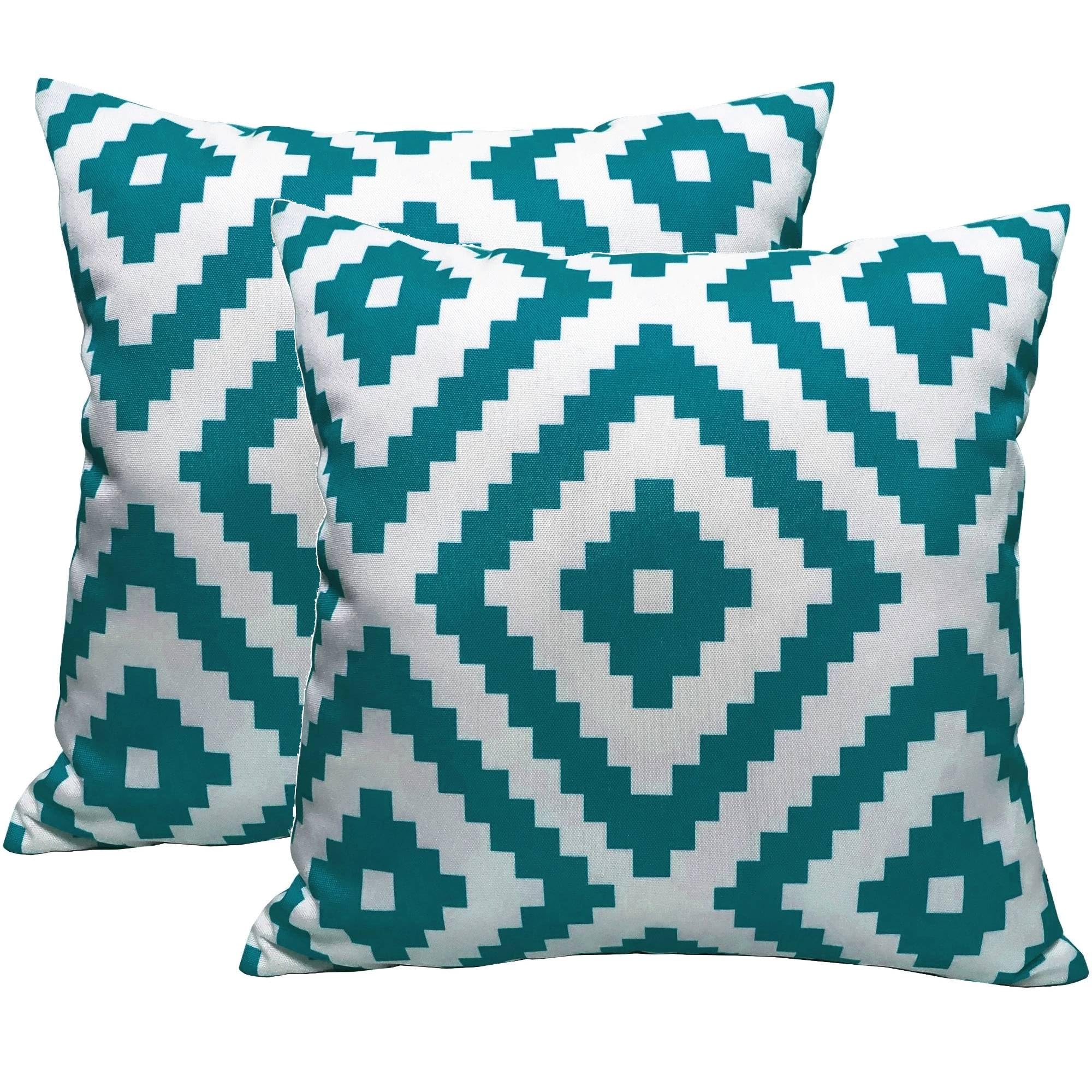 POSHLIVING 2 Pack Outdoor Cushions Waterproof FILLED 45x45cm With Invisible Zippered Outdoor Garden Cushions Waterproof 18"x18" With Cushion Covers & Pillow For Living Room Garden Sofa (Geo Teal)