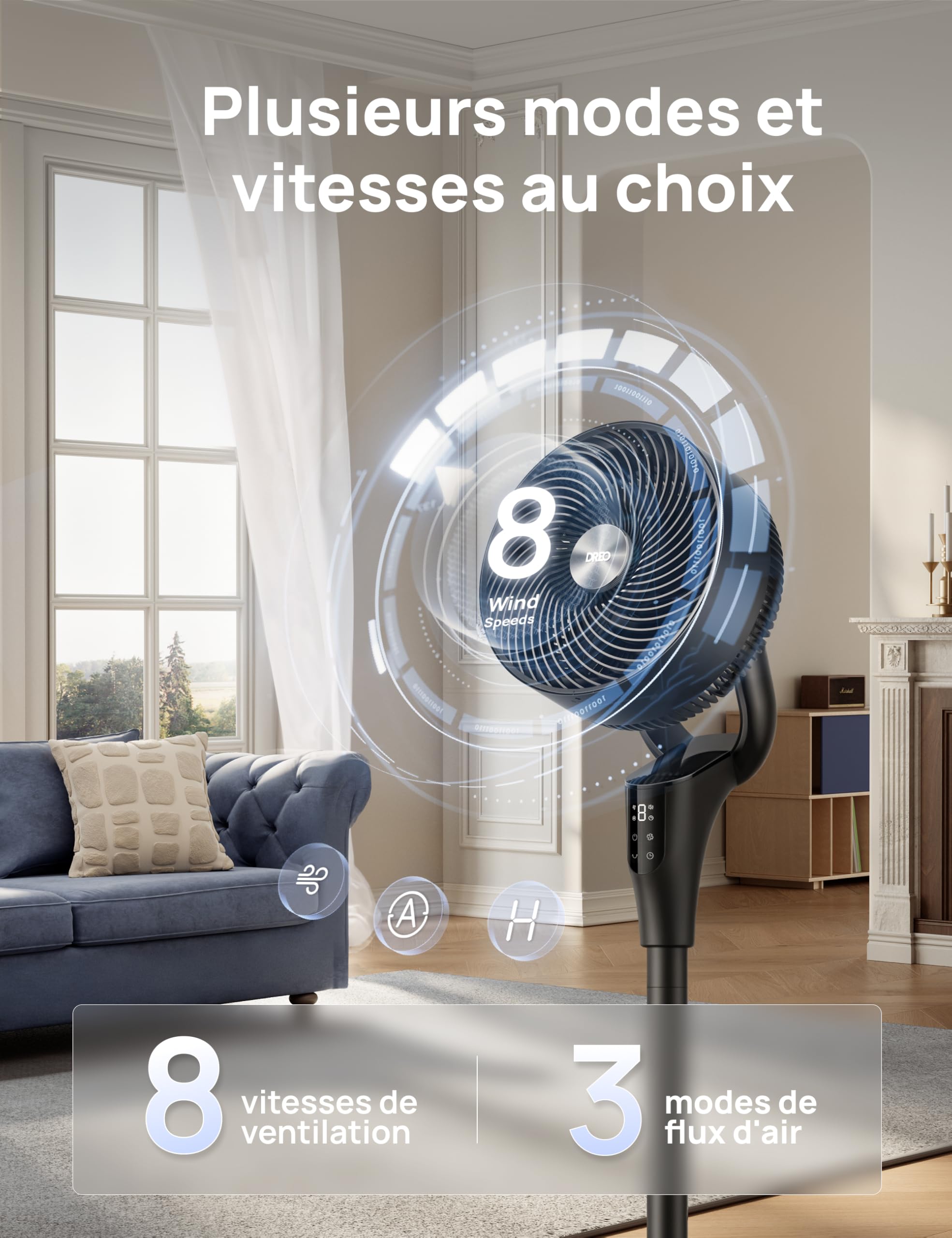 DREO Ventilateur sur Pied Silencieux pour Chambre [Amélioré], Flux d’Air 27m, 20dB, Oscillation 90°, Moteur DC, 8 Vitesses, 3 Modes, Hauteur 96–106 cm, Minuterie 8H, Inclinaison 105°