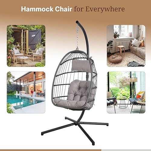 Miniatura 7 de Silla columpio colgante con soporte y funda para clima, plegable para interiores y exteriores, cesta de mimbre con cojín para dormitorio, patio,