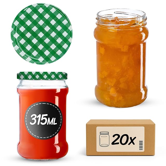 KADAX fi66 małe słoiki na przetwory, 315 ml, słoiki na miód, słoiki na dżemy z pokrywką, hermetyczne słoiki, słoiki na przetwory, słoiki na miód (20 sztuk, zielona kratka)