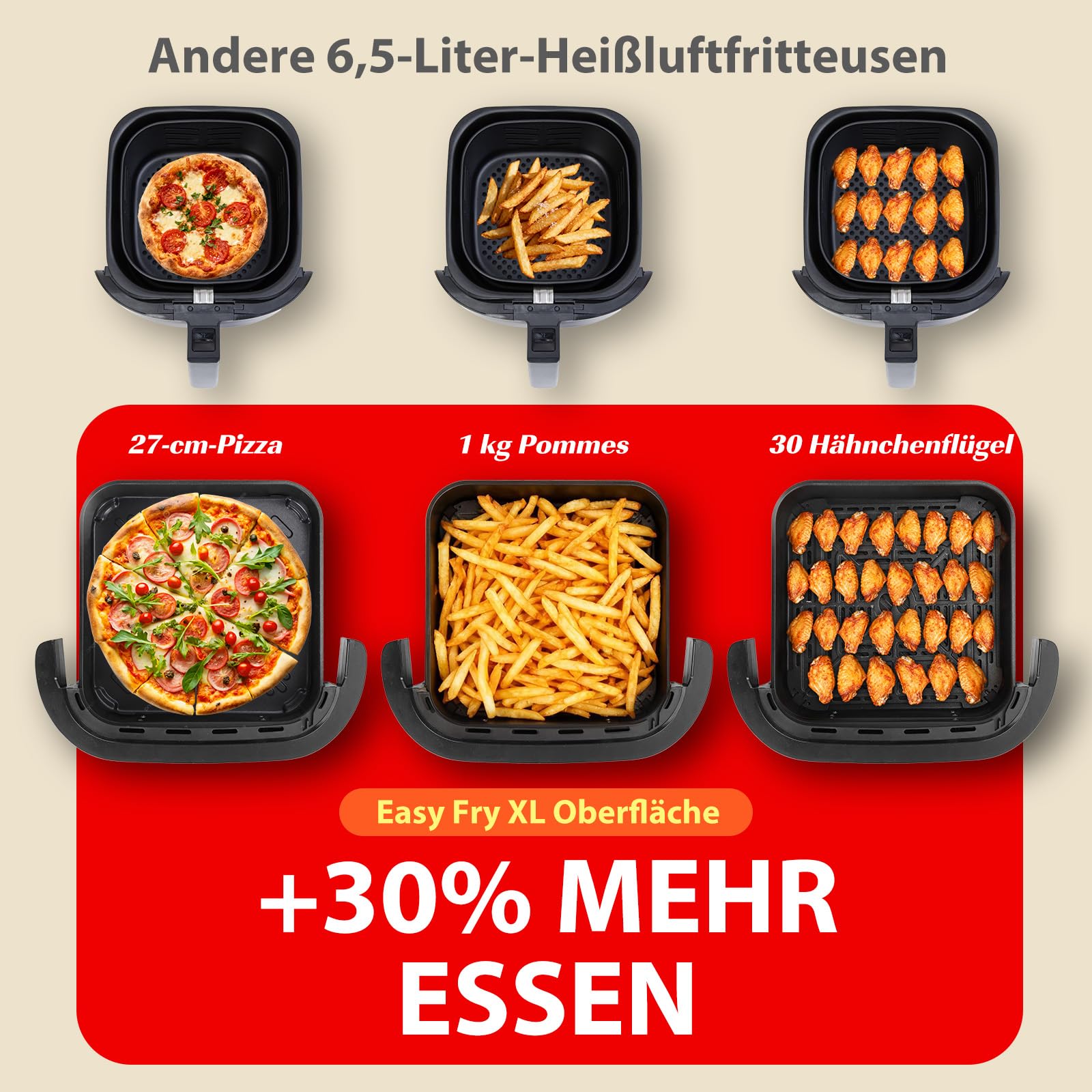 Aigostar Heißluftfritteuse mit XL 745 cm² Garfläche (27.3 * 27.3cm), leiser Extra-Crisp Technologie, Pizzafunktion, Doppelheizung, Sichtfenster, 11 Programmen, Touchscreen, Metall-Innenraum, Schwarz