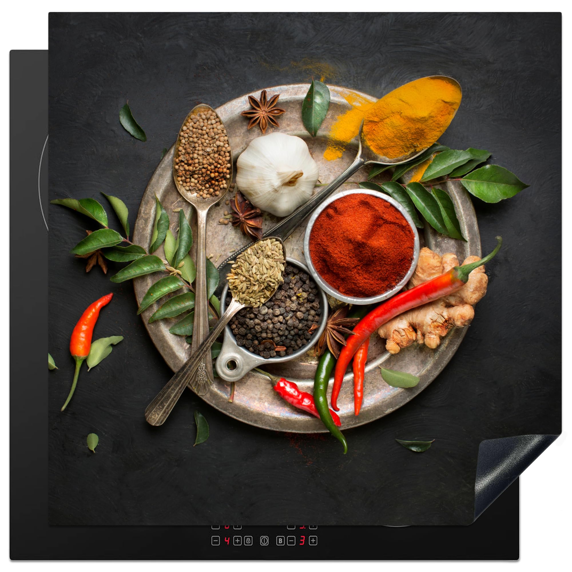 KitchenYeah© Induction Hob Cover Protector Mat 30.7"x30.7" / 78x78 cm Kitchen Universal Ceramic Covers for Electric Cookers Vinyl Spices - Pepper - Spoons - Vegetable
