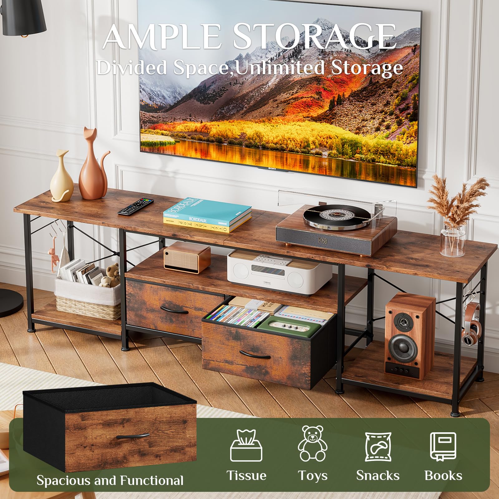 KZOBYD TV-Ständer für Fernseher bis zu 177,8 cm, TV-Einheit, TV-Konsolentisch mit Schublade und offenen Regalen, 160 cm, Media-Entertainment-Center, TV-Ständer, Kommode für Wohnzimmer und Schlafzimmer
