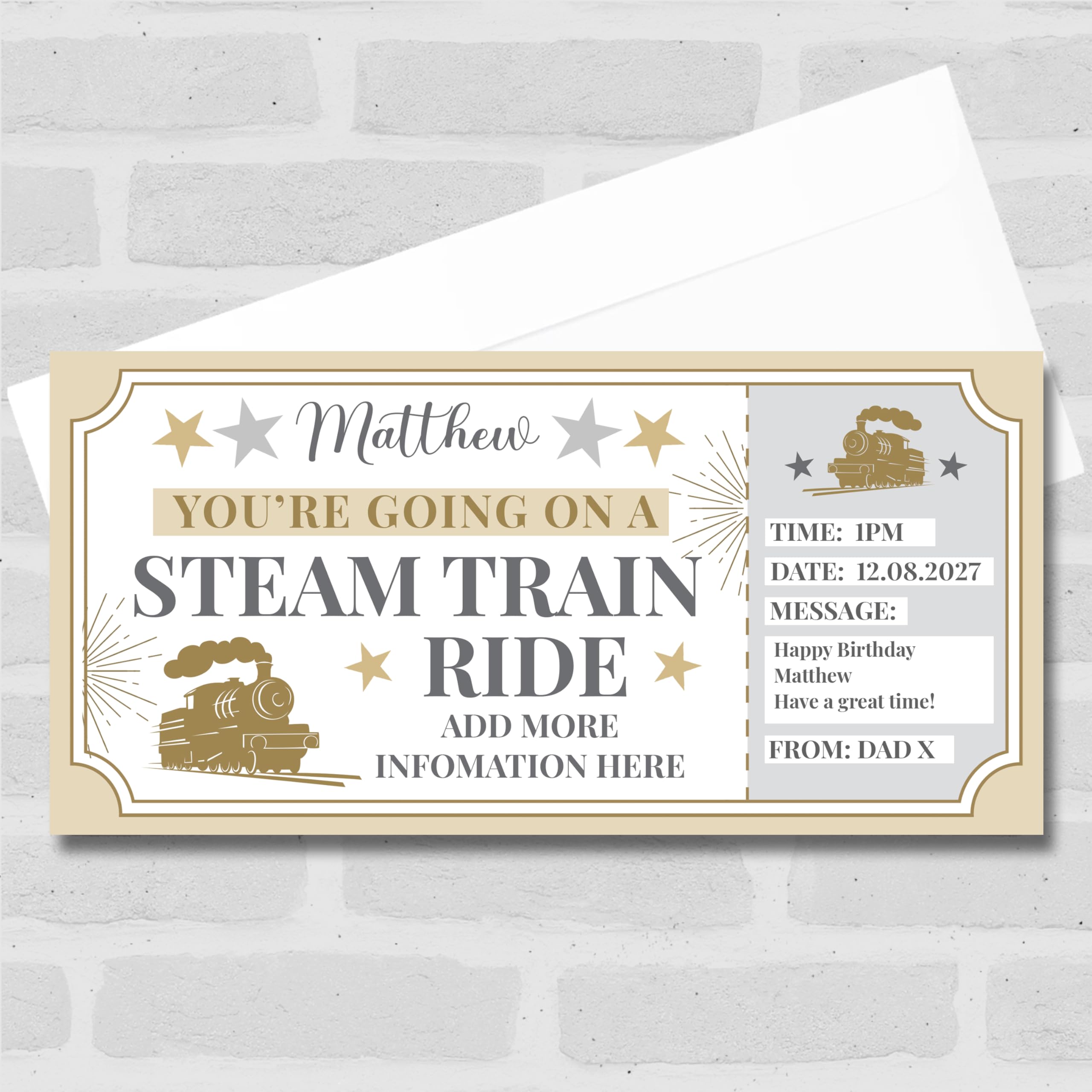 Steam Train Railway Ride Stars Gold Personalised Gift Voucher Surprise Ticket | Custom Greetings Card | Surprise Reveal Voucher Spoof Ticket