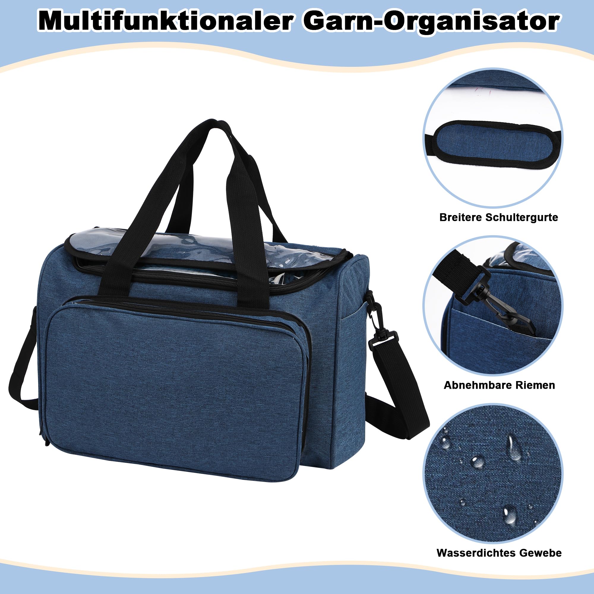 JOZEA Garn Stricken Lagerung Tote-große Kapazität häkeln Veranstalter tragbare Reisetasche mit Schultergurt häkeln Haken Fall für unfertige Bulk-Projekt（Blue