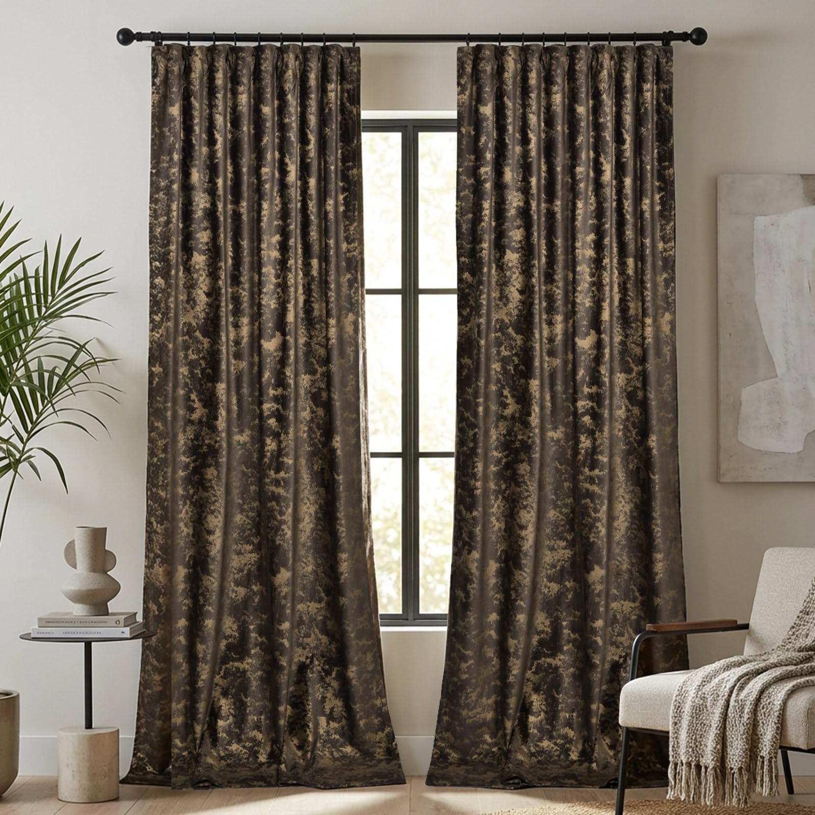 Samtvorhang Kräuselband 2er set, Luxus Vorhänge Verdunkelung Samt, Velvet Gardinen Blickdicht Curtains mit Goldfolie Blätter Muster, Thermovorhang Wohnzimmer Schlafzimmer(H274xB132CM, Braun)