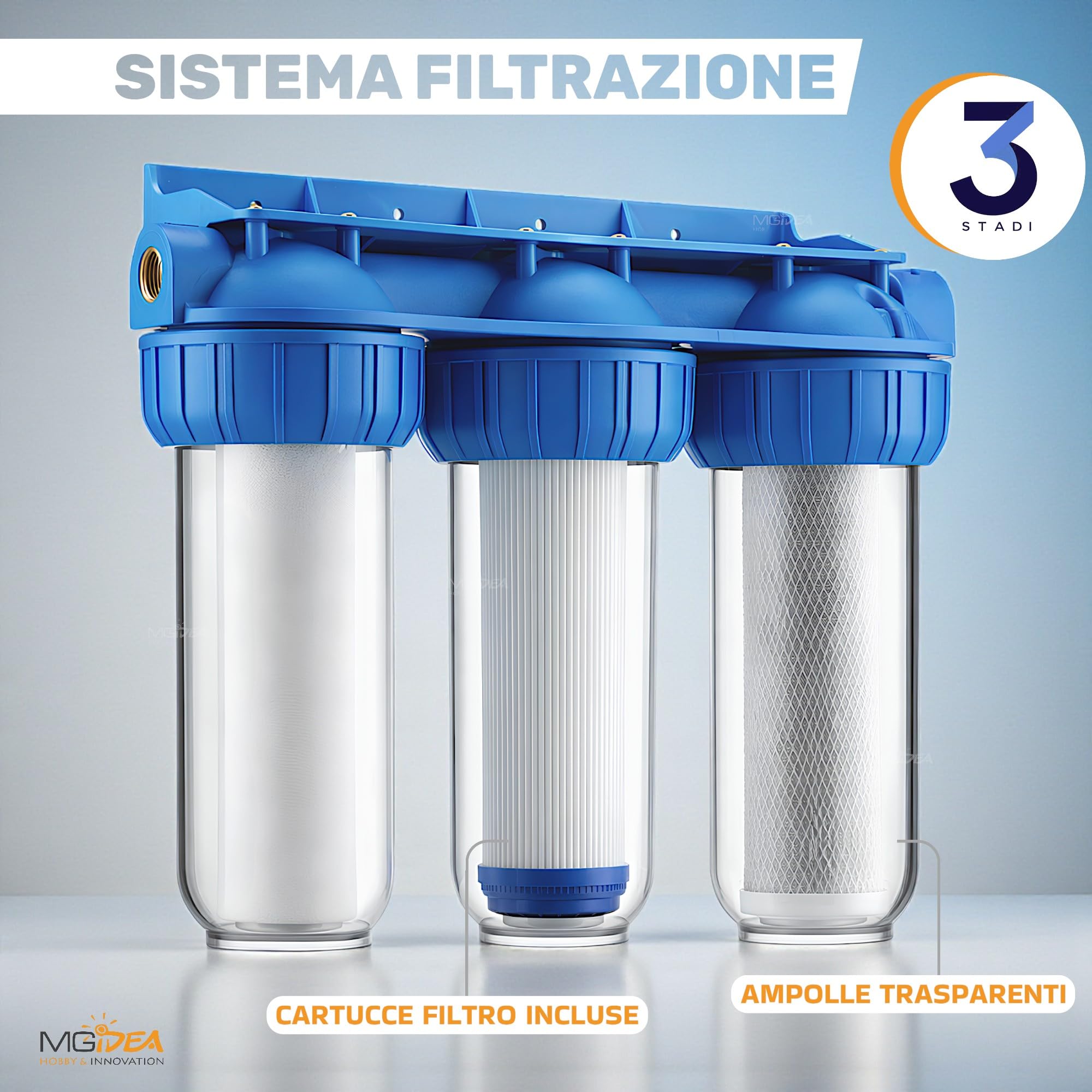 Depuratore Sistema Filtro Filtrazione Acqua 3 Stadi Cartucce 10" Pollici Filtri Sedimenti e Carboni Attivi, 254mm per impanti idrici domestici (1/2" (20,67mm))