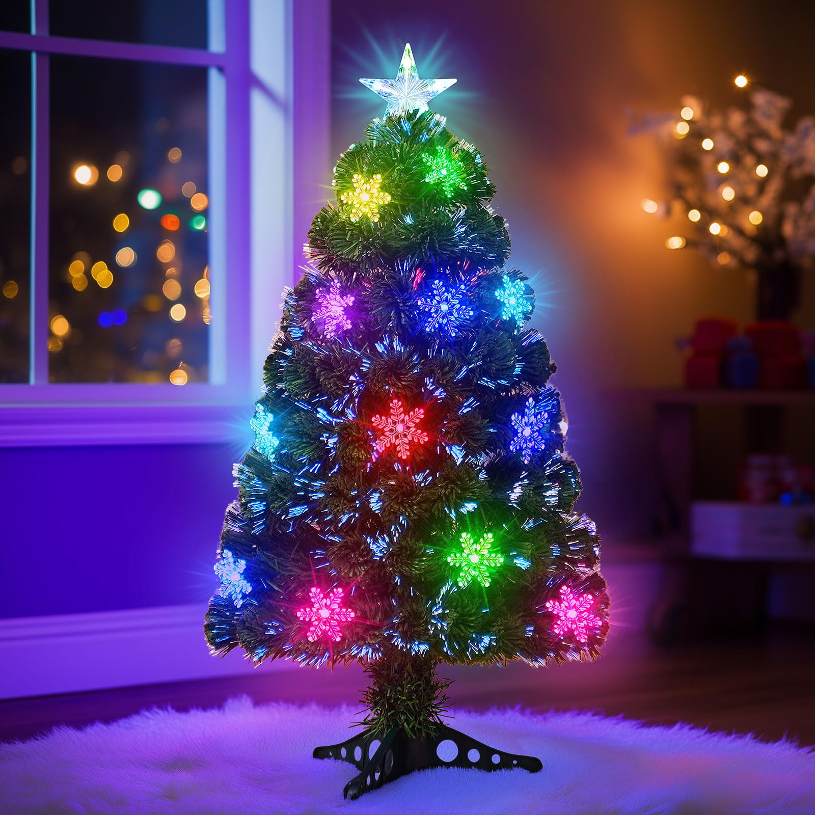 3ft Prelit Fiber Optic Christmas Tree, Artificial Christmas Tree with Colorful Snowflake LED Lights, Xmas Tree with 90 Branch Tips, for Holiday, Office, Home Decoration