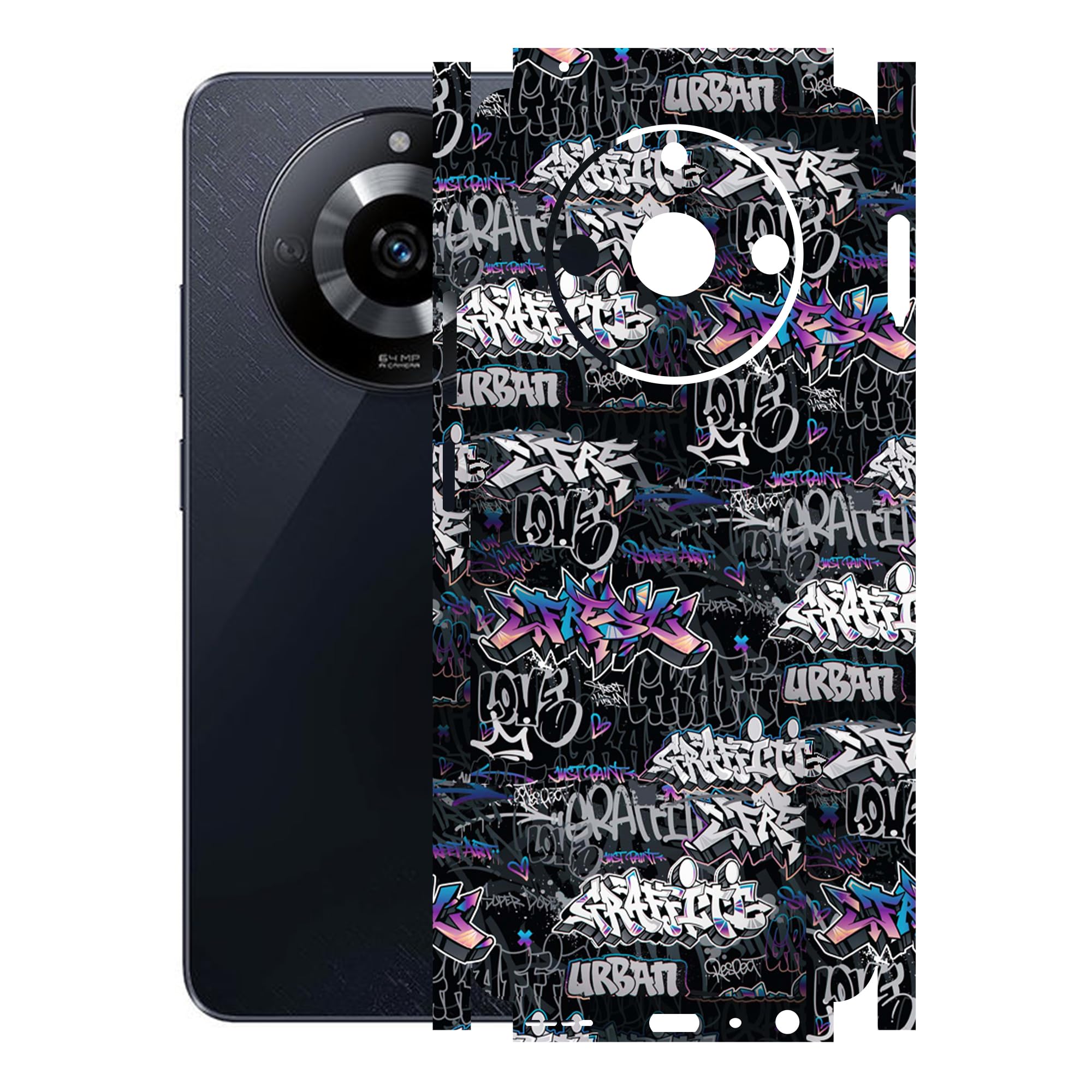 Compatible for Realme Narzo 60 (5G) Mobile Skin Sticker Wrap | Scratchproof Matte Finish | (Coverage - Back+Side+Camera) (Design-Grafiti Art)-image-43
