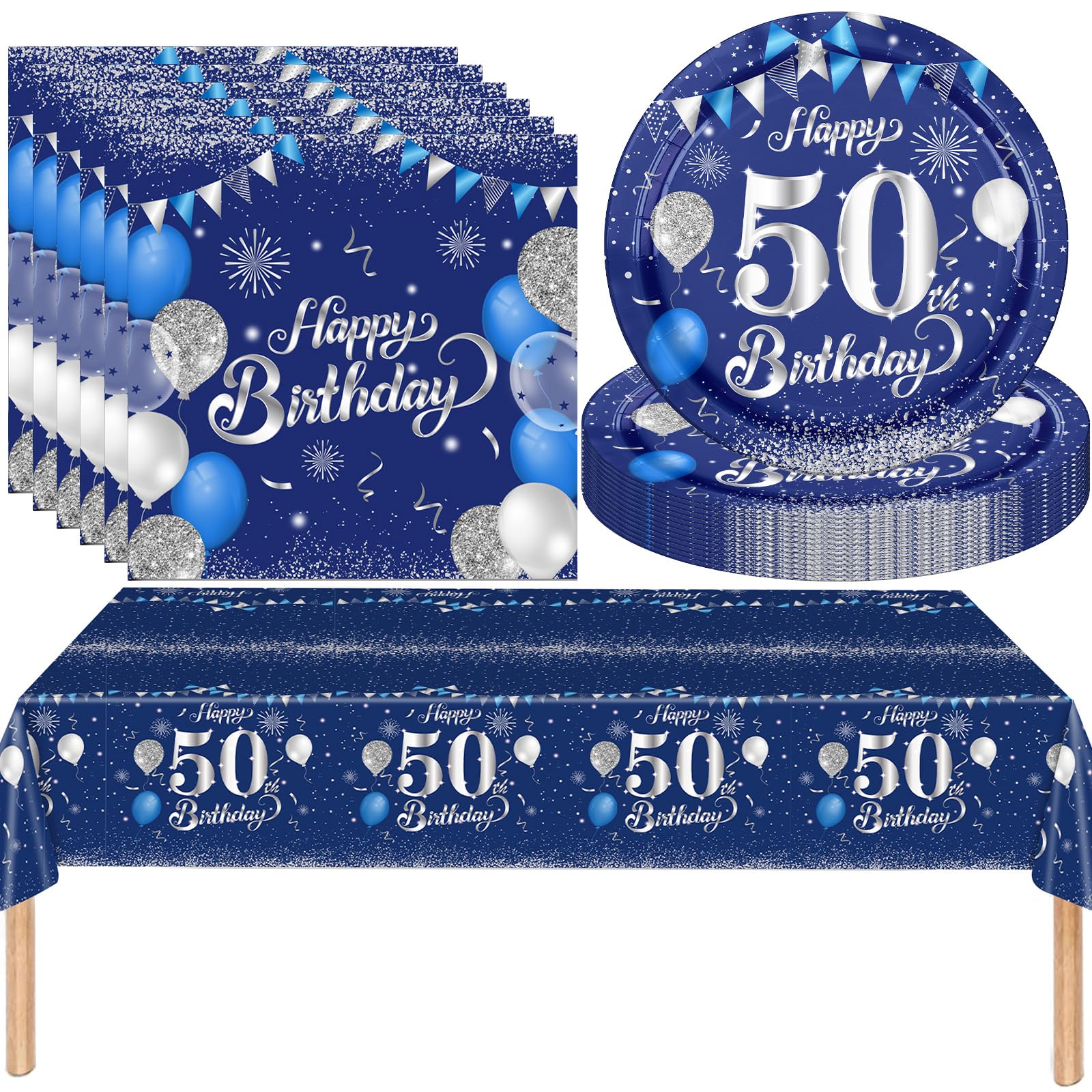 MOMAHUA 37P Birthday Tableware Set Navy&Silver Paper Tableware Complete Party Collection for 50th with Plates,Napkins&Tablecloth Sophisticated Dinnerware Decor for Him&Adult Celebrations