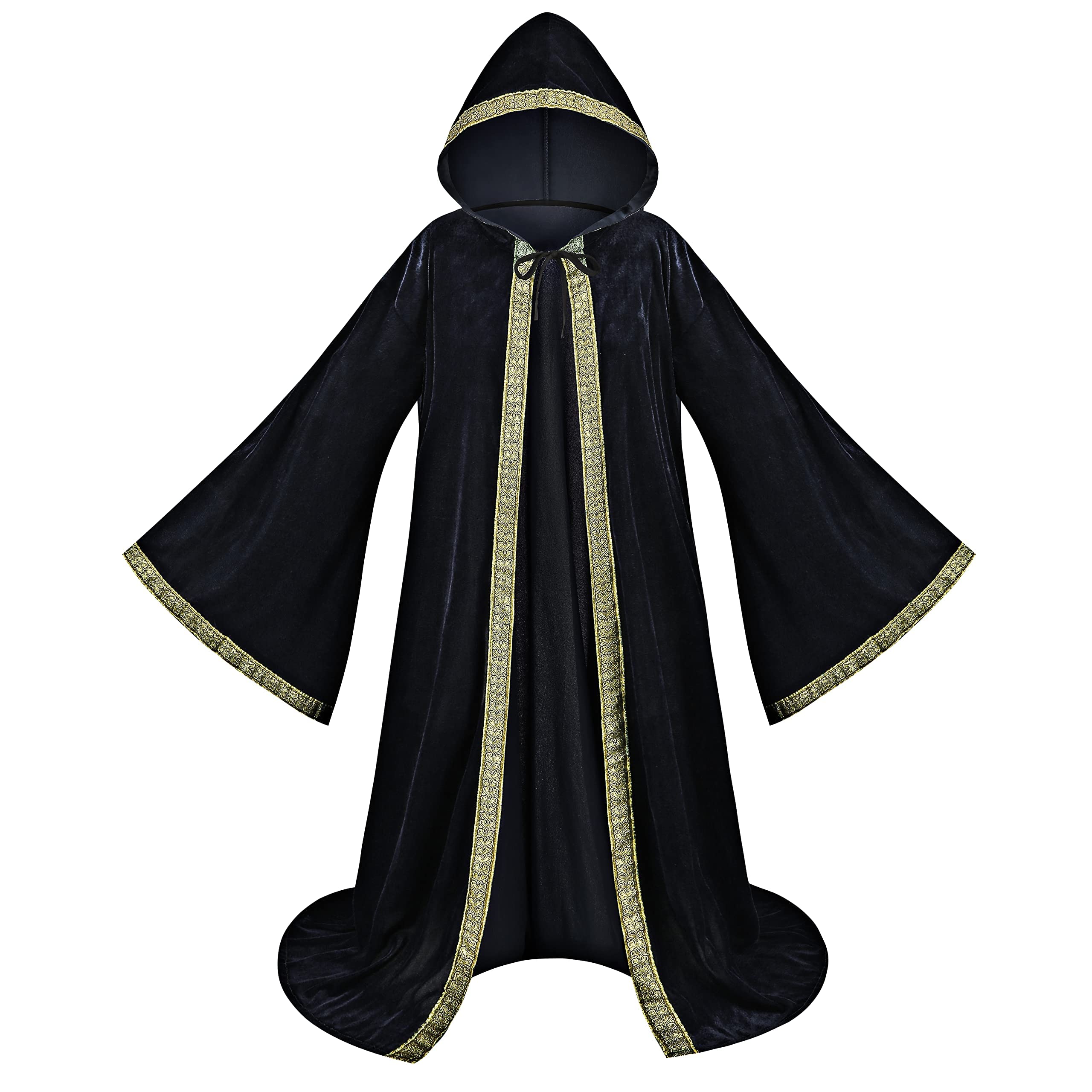 maxToonrain Mystic Wizard Gewaad Volledige Lengte Hooded Fluwelen Mantel Brede Mouw Stijl Volwassen Middeleeuwse Retro Vintage Renaissance Kostuum Fancy Jurk voor Halloween Masquerade (Zwart-142cm