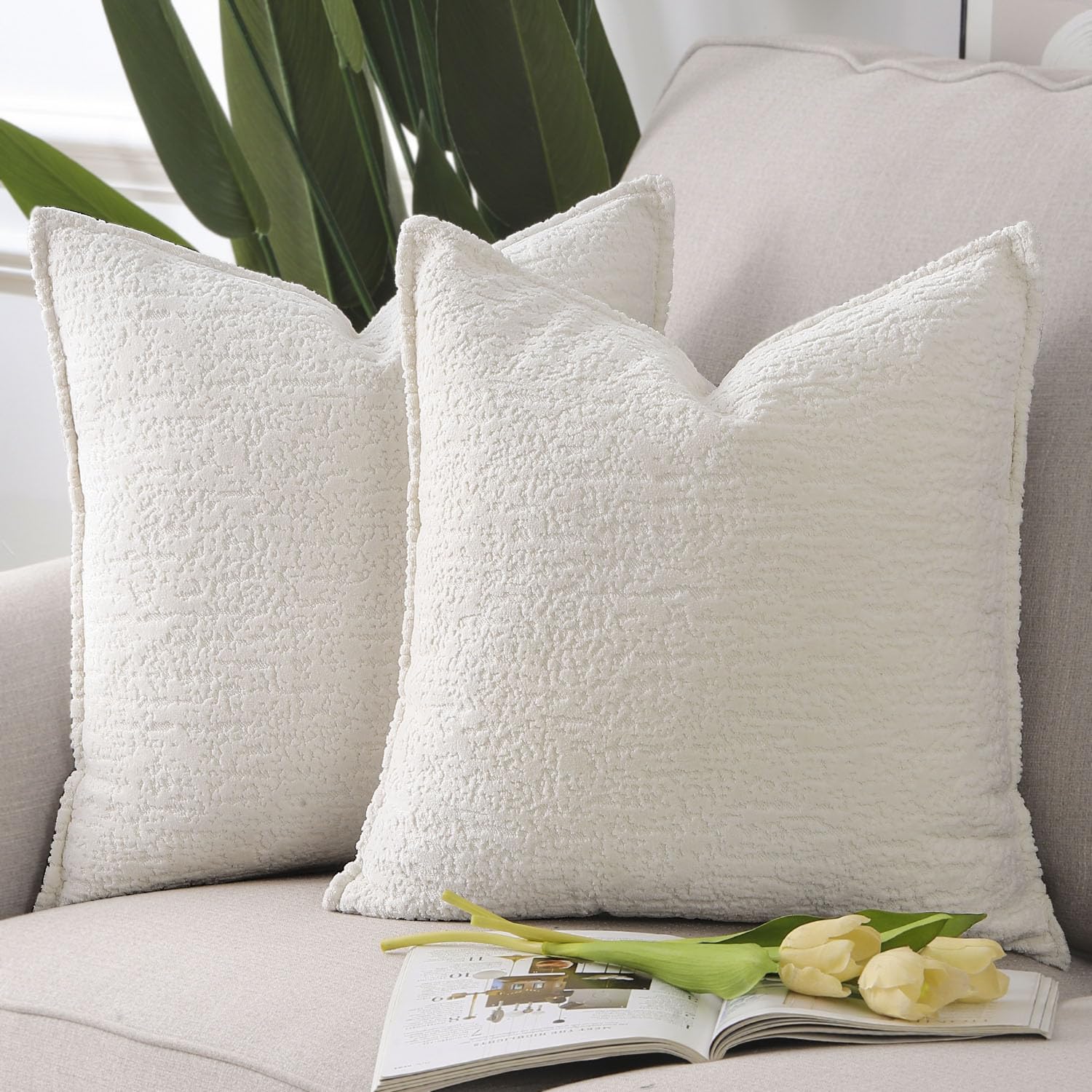 Madizz 2 Pezzi Copri Cuscini in Velluto Chenille con Bordo Decorativo Neutri Morbido Copricuscini Fodere per Cuscino Lusso Stile Arredi per Casa Divano Bianco 45x45 cm