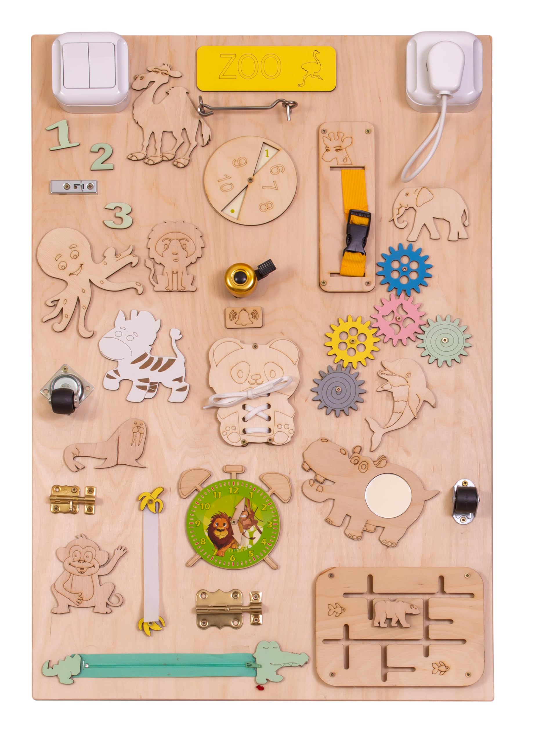 Leo - Quadro di attività sensoriale Montessori Busy Board in legno autoportante double face naturale Zoo 75 cm