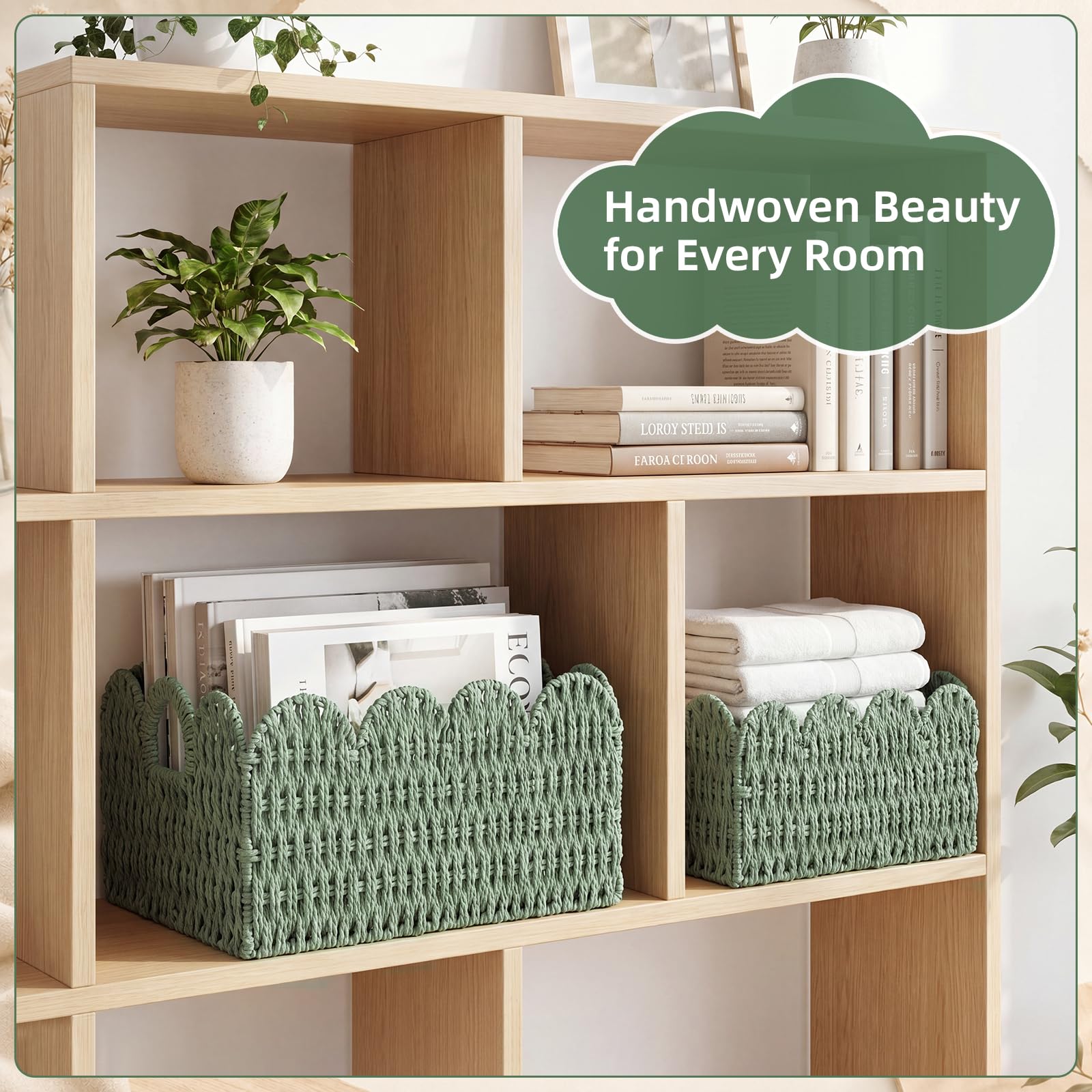 Newtay Juego de 3 cestas de mimbre festoneadas de cuerda de papel, cestas de almacenamiento de pañales, contenedores tejidos decorativos verde salvia con asas para estantes de guardería, libros