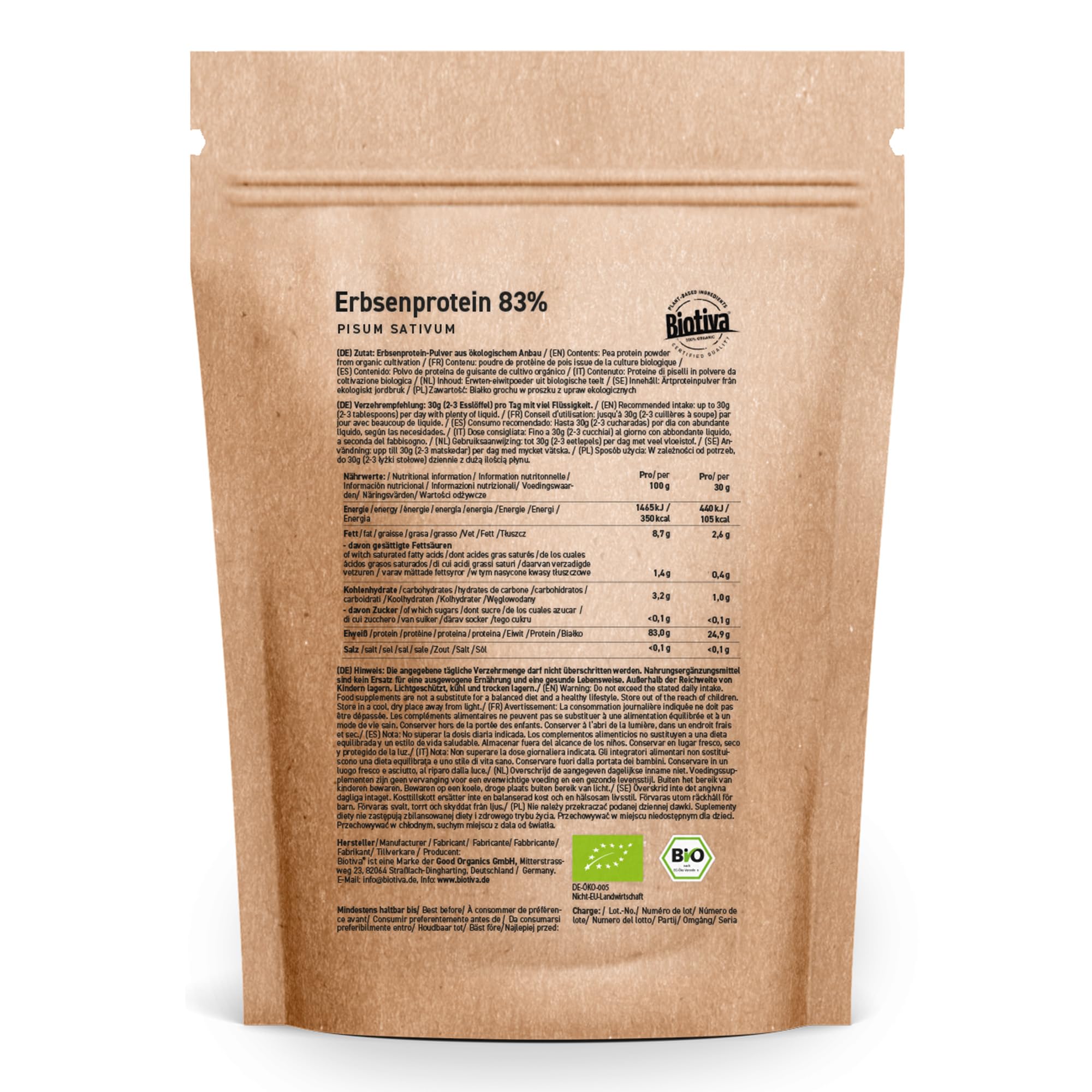 Proszek z białka grochu Bio 1kg - 83% zawartość białka - 100% izolat białka grochu - Najwyższa jakość Bio - Wolny od glutenu, soi i laktozy - Rozlewan i kontrolowany w Niemczech - Biotiva