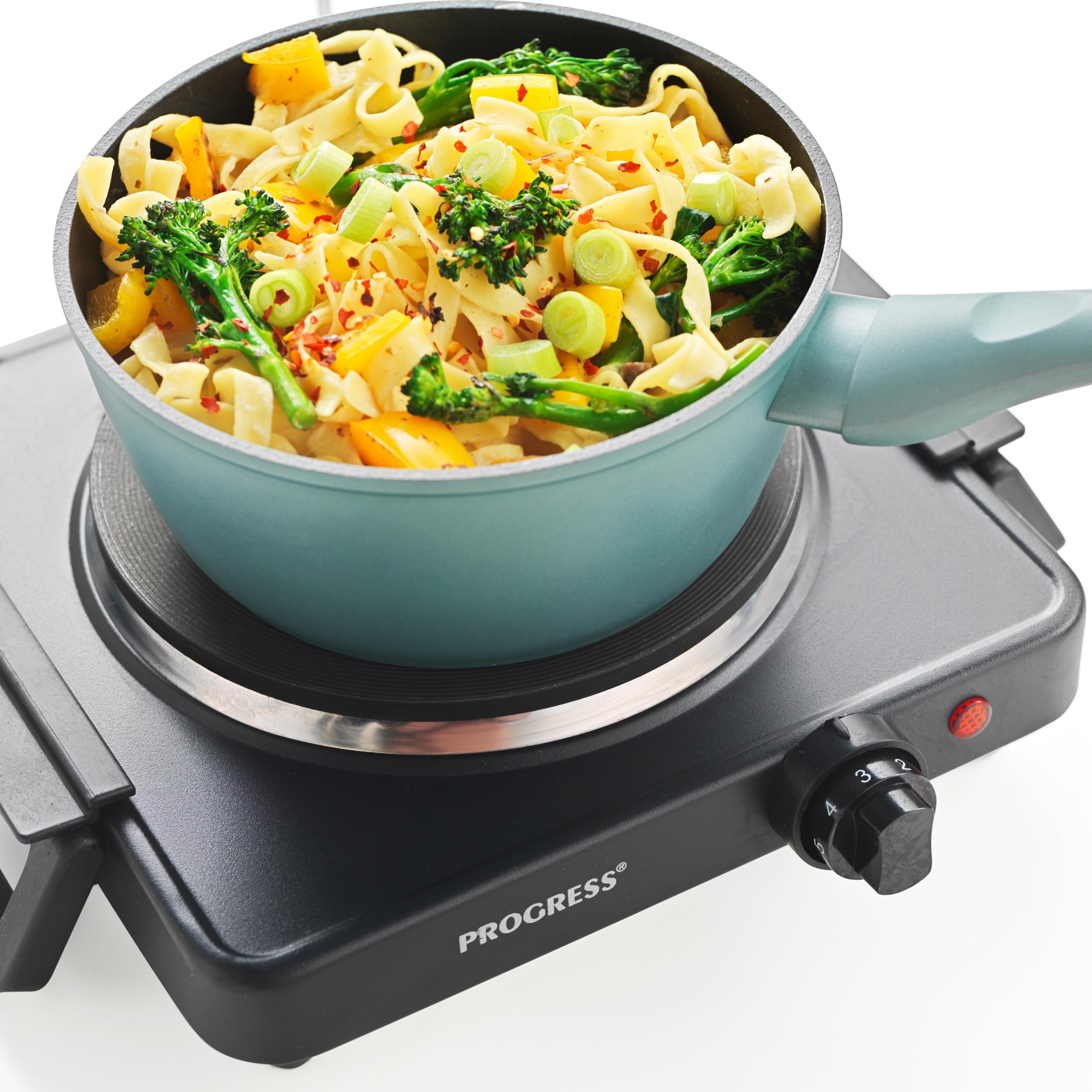 Progress Piastra Singola – Fornello Elettrico da 1500W con 5 Livelli di Calore, Piastra Portatile da 18,5 cm, Design Compatto Facile da Pulire e Piedini Antiscivolo, Ideale per Cucine Piccole