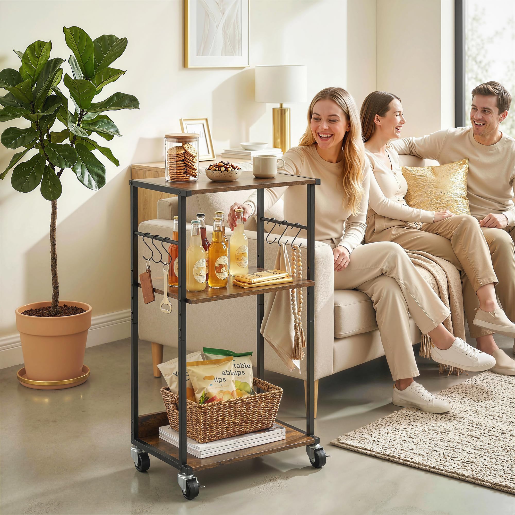 HOMCOM Carrello Porta Stampante a 3 Livelli, Supporto Stampante con Ruote con Freno e 6 Ganci, Salvaspazio in Metallo e Legno, per Casa, Studio, Ufficio, Industriale, 43x30x82cm, Marrone Rustico