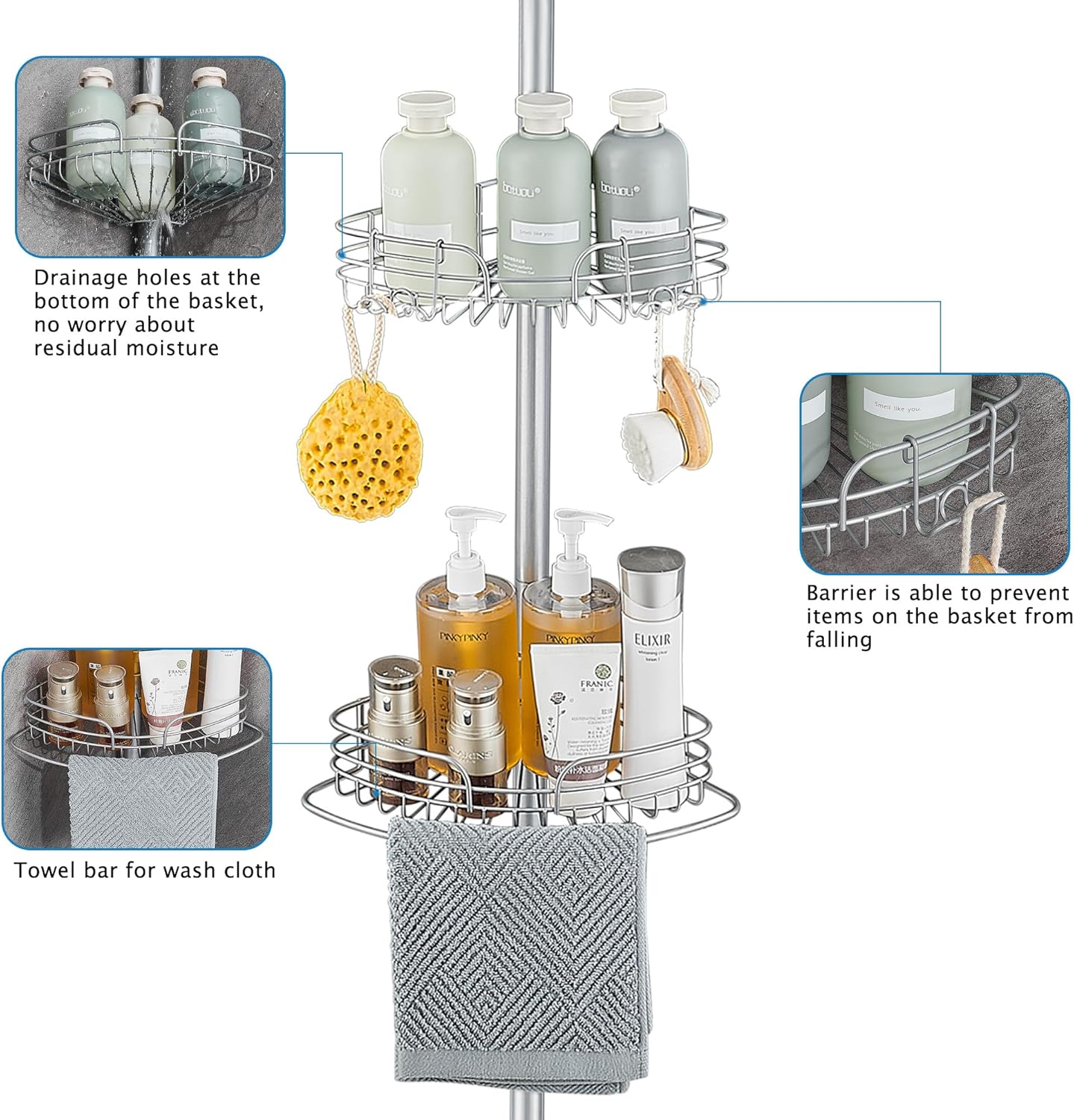 WPT Grey Shower Caddy Tension Pole for Bathroom, Stainless Steel Corner Shower Caddy Organizer Stand for Bathtub Shampoo Storage, 4 Tier Adjustable Shelves, 28.7 to 104.7 Inches