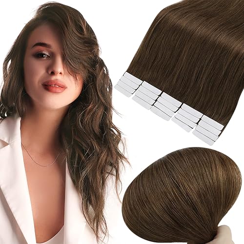 Full Shine Extensiones de cabello humano adhesivas de 22 pulgadas, color marrón medio, extensiones de cabello humano con cinta de trama cutánea,