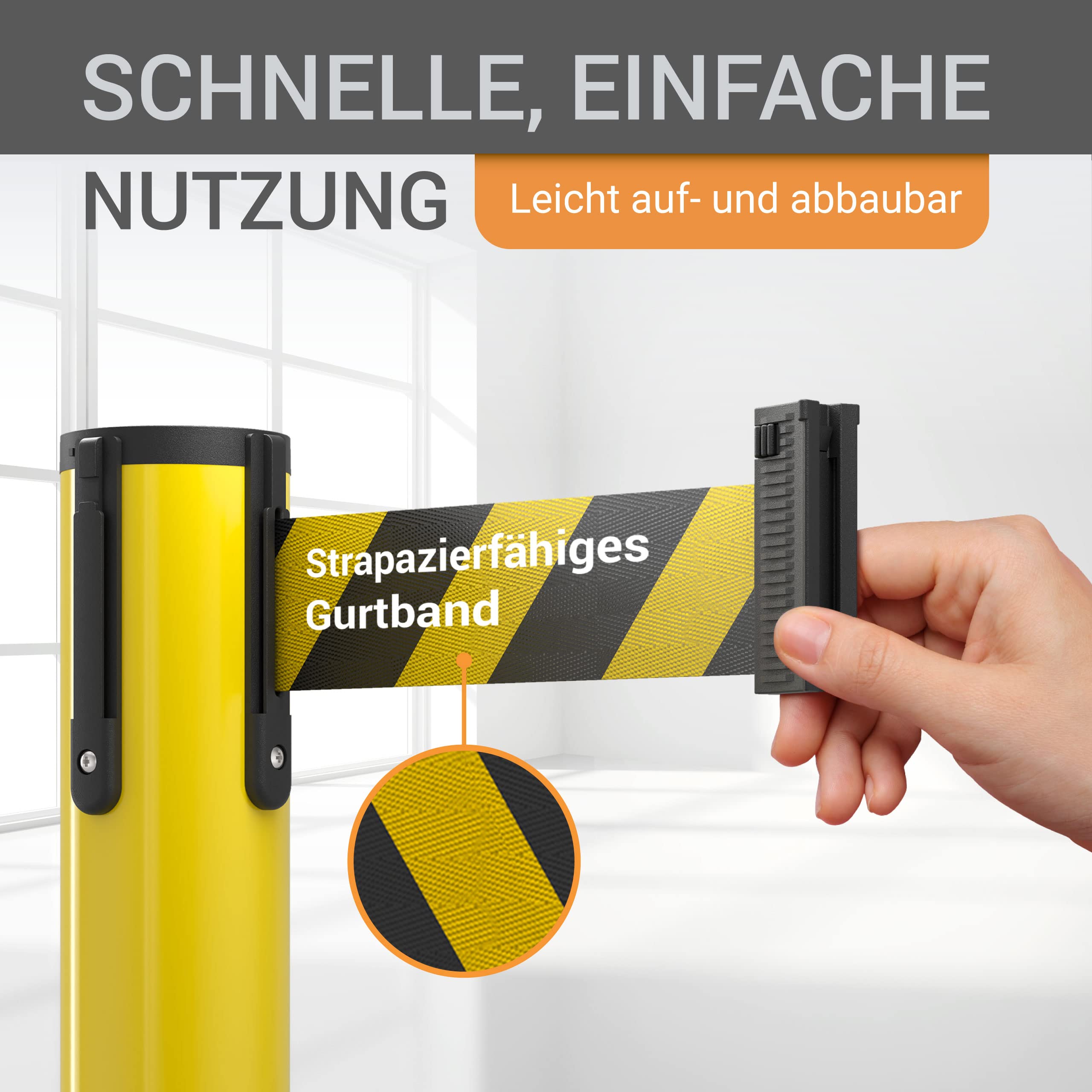 Absperrpfosten Set - 4-teilig - 100 cm hoch, 3 m Gurtlänge, Metallgelb mit ausziehbarem Gurtband schwarz/gelb - Absperrsystem für Personenführung