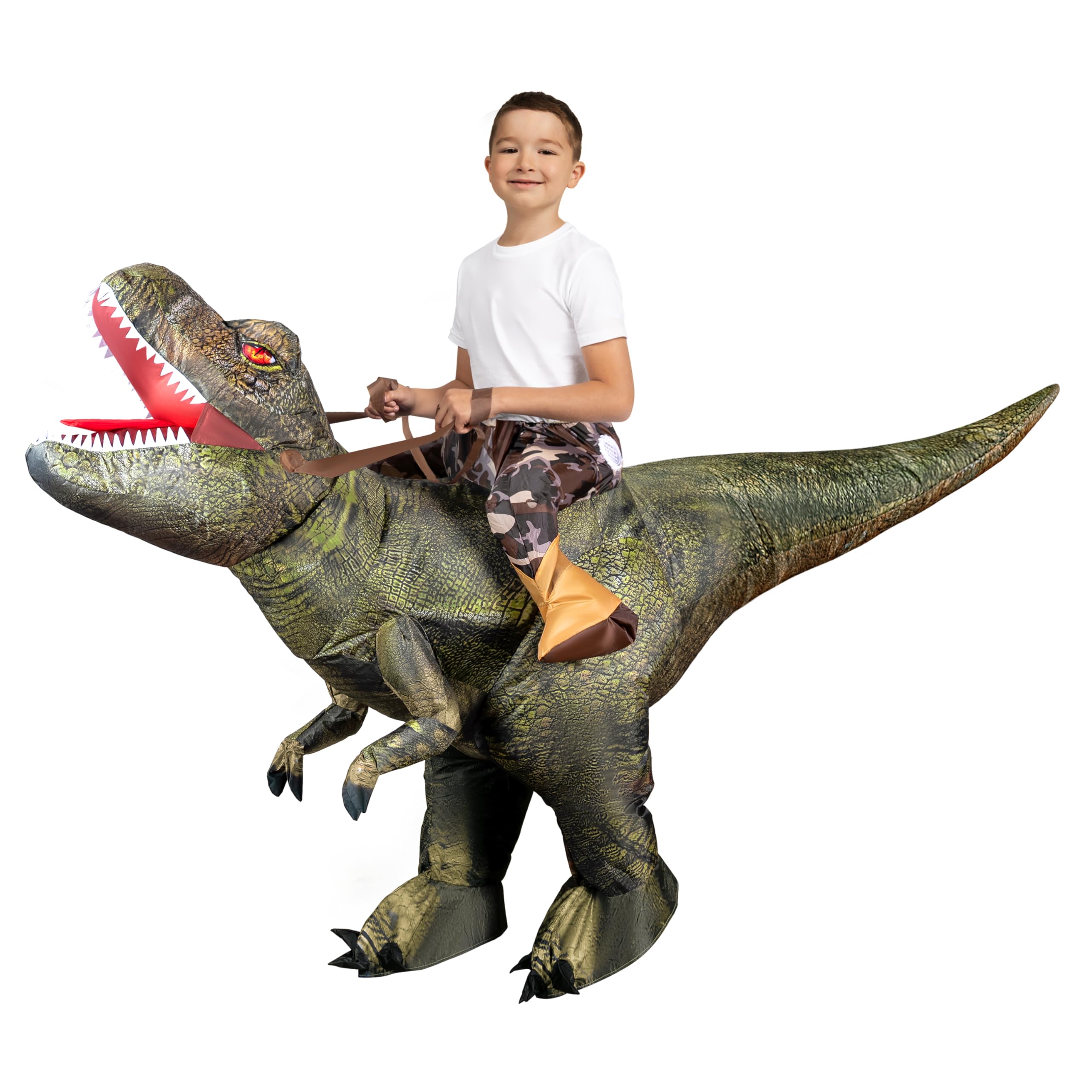 Spooktacular Creations T-Rex Nadmuchiwany kostium dla dzieci, zabawny kostium dmuchany powietrzem, druk cyfrowy, kostiumy do jazdy